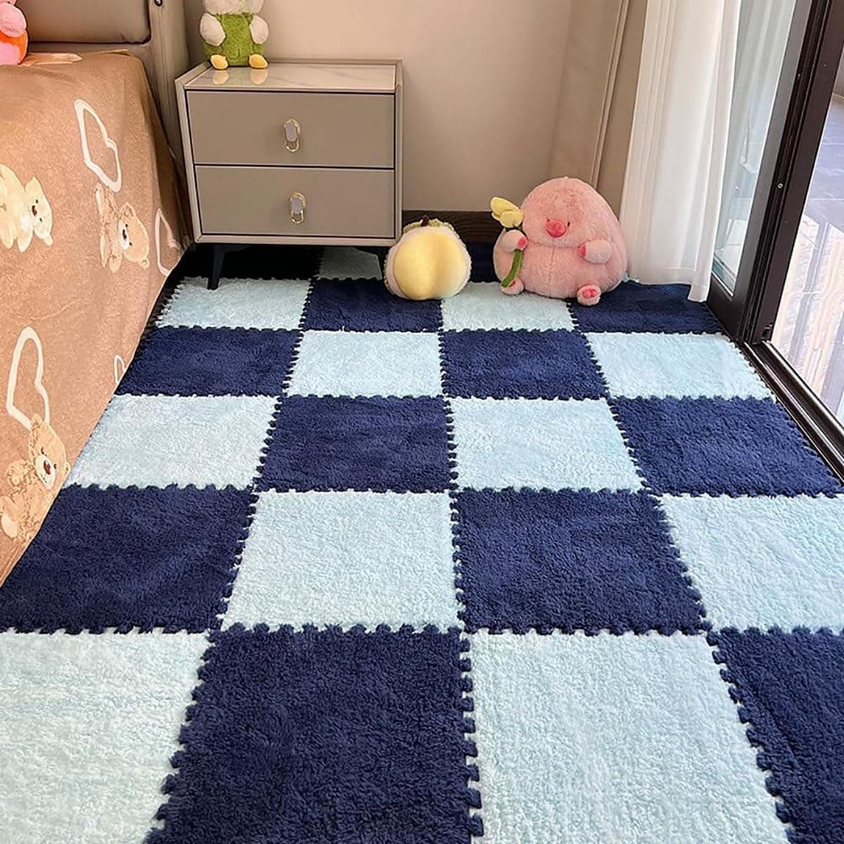 YelaJoy 12-Piece Carpet Square Puzzle Floor Mat, Plush Interlocking Carpet Tiles, Anti Slip EVA Foam Jigsaw Floor Tiles for Home Playroom Decor, Area Rug, Interlocking Floor Tiles, Soft Baby Playmat