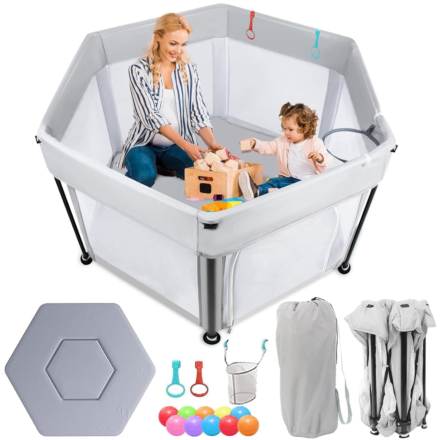 Foldable Baby Playpen for Toddler,Portable Baby Fence Play Area Yard, Children's Playground, Portable Children's Activity Centre，with Non-Slip Base and Breathable Mesh for Indoor & Outdoor Play