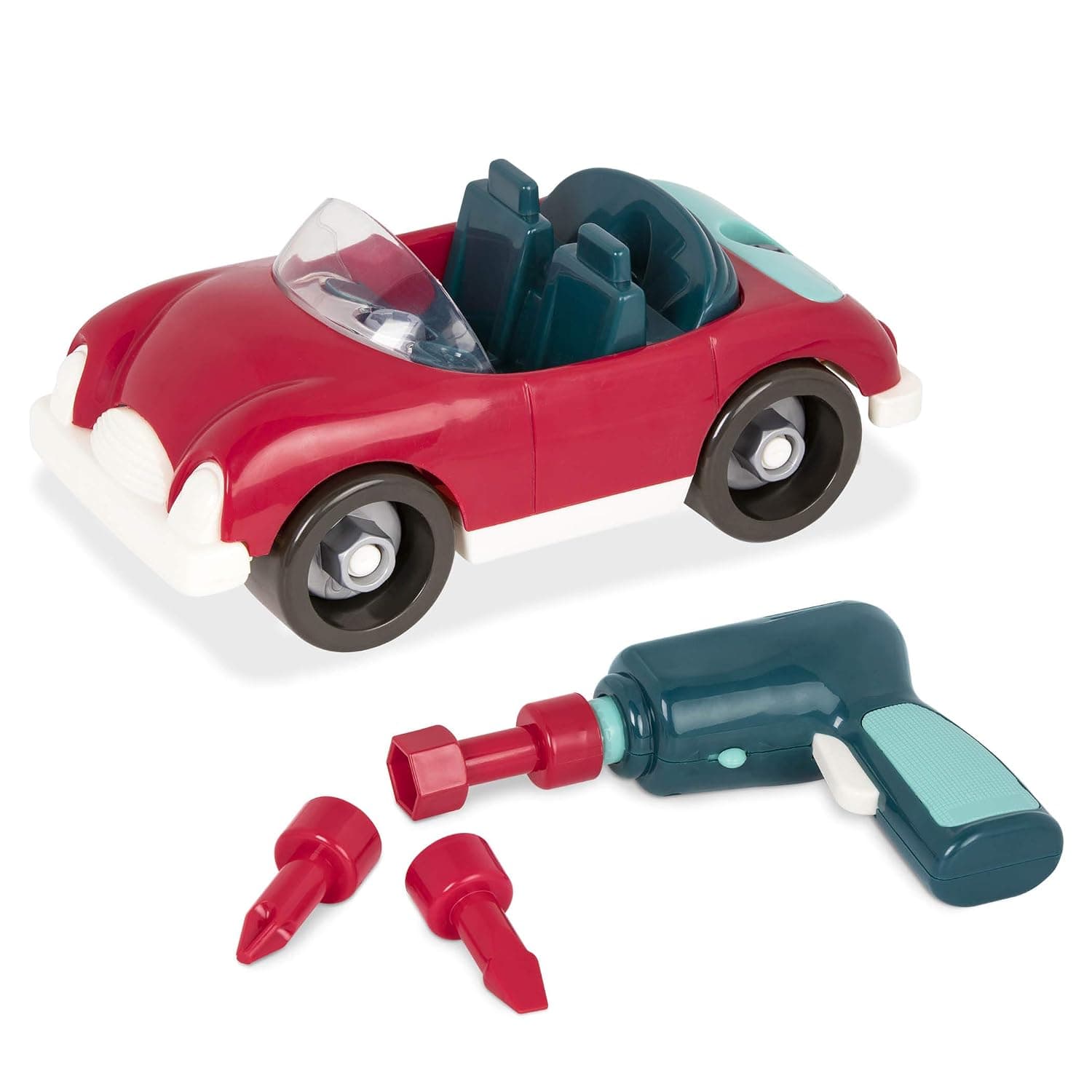 Battat – Toddler Construction Toys – Developmental Toy Vehicle Kit – Sports Car Building Set – Screwdriver And Tools – 3 Years + – Take-Apart Roadster, Red | 22-piece toy vehicle with 18 roadster parts, battery-powered drill, and 3 bits for building play, Roadster Car, 3+ Years