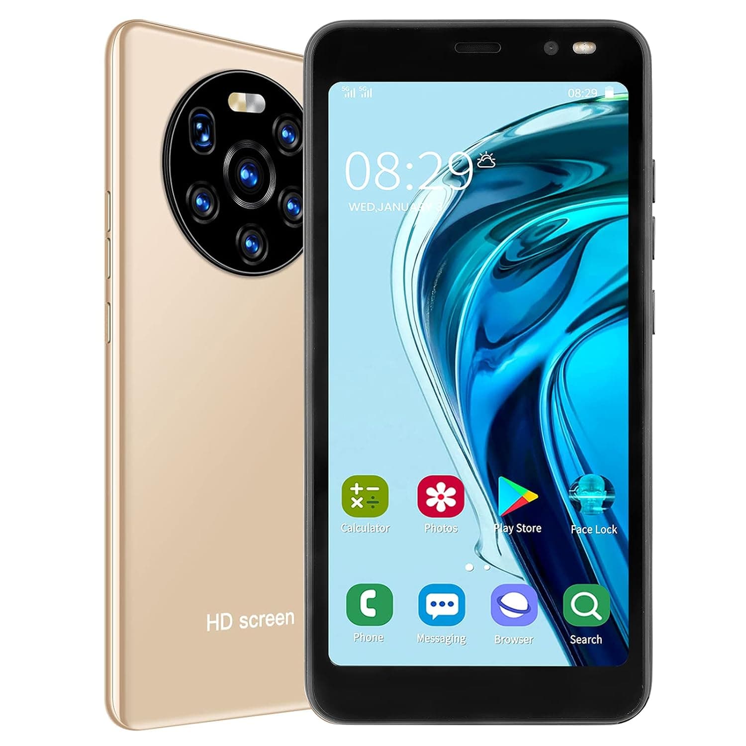5.45In Unlocked Cell Phone, 512MB 4GB Dual Card Smartphone, Dual Core CPU, 2MP Rear 0.3MP Front Camera, 1500mAh Battery (Gold)