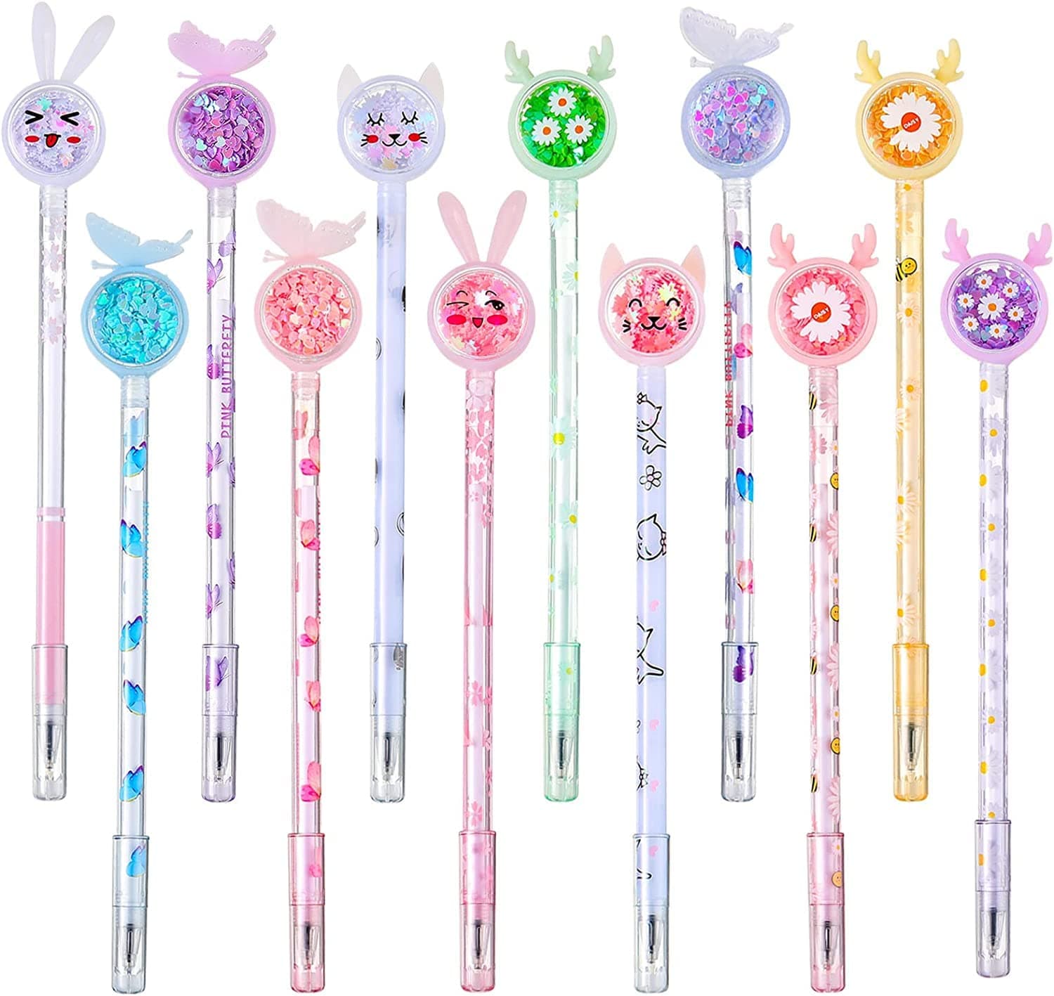 SYOSI Ballpoint Pen, Cute Cartoon Sequins Pens, 12 Pcs Creative Liquid Gel Ink Rollerball Pen Funny Pens Creative Design Novelty School Supplies for Women Girl Kids Teens Adult Home Office Stationery