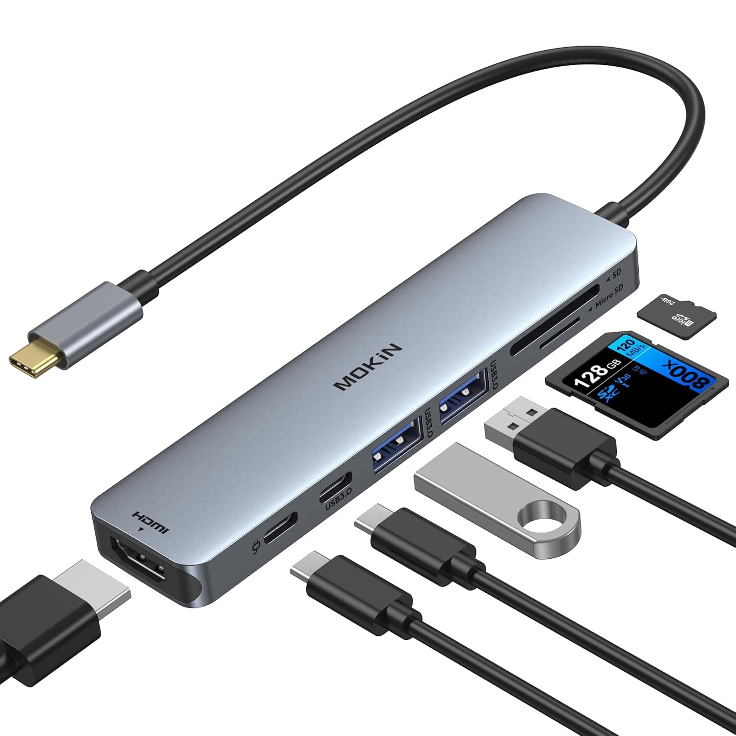 موكين محول USB C HDMI لماك بوك برو 2021/2020/2019/2018/2017، محول متعدد المنافذ 7 في 1 مع HDMI 4K وقارئ بطاقات SD/TF و3 منافذ USB A