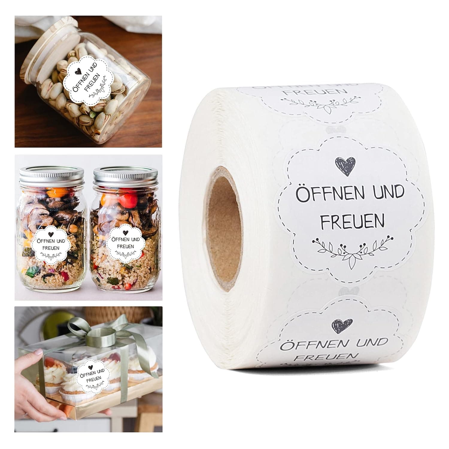 Öffnen und Freuen Stickers Pack of 600 40 mm Flower-Shaped Labels on Roll Gift Stickers Self-Adhesive Ideal for Gift Wrapping, Wedding, Surprise, Individual Design (White)