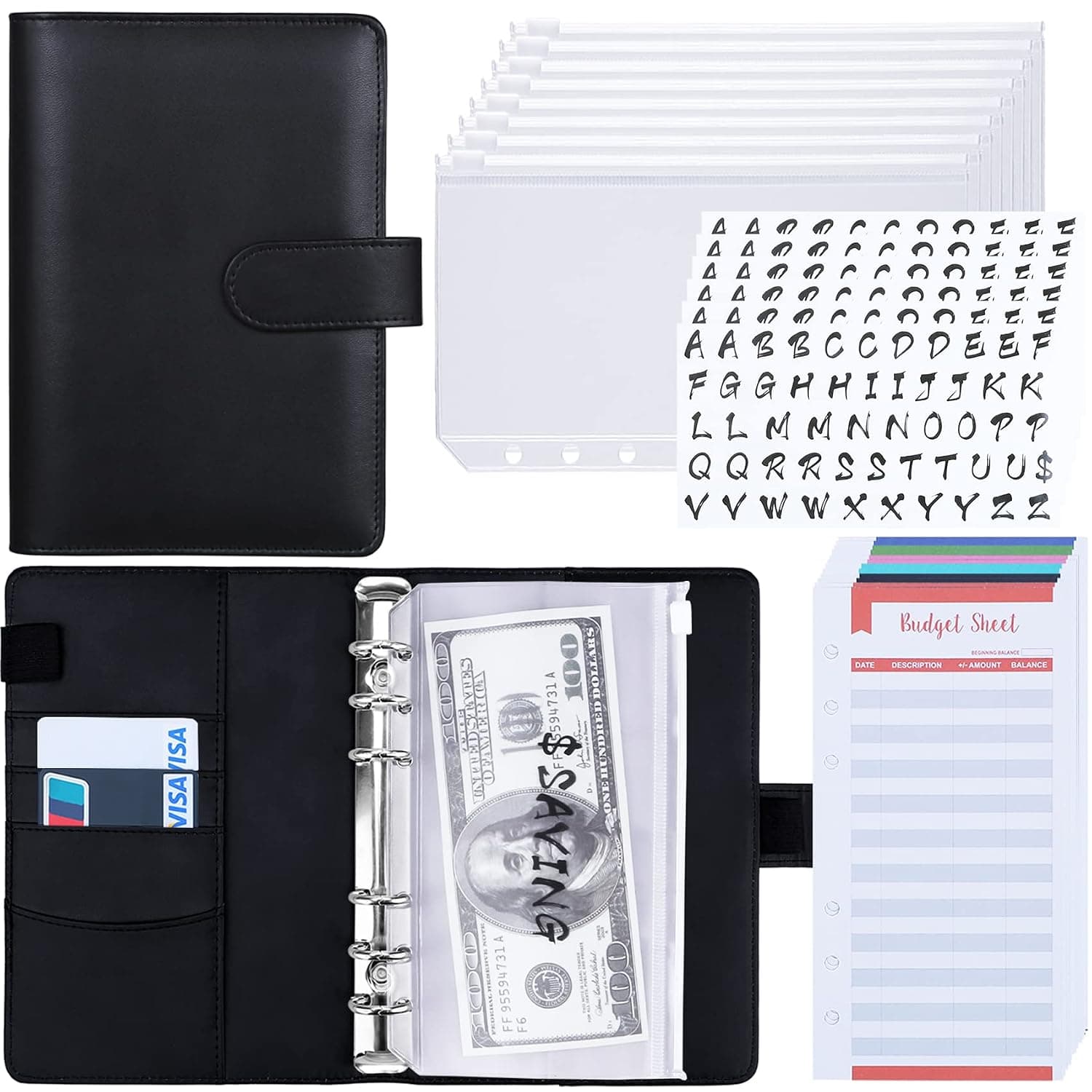 A6 Budget Binder with Zipper Envelopes for Budgeting, Money Organizer for Cash, Expense Budget Sheets with Labels for 6-Ring Money Saving Binder with Cash Envelopes, Black