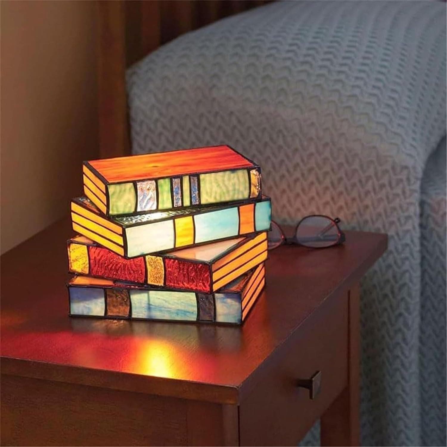 Vintage Tiffany Style Stained Glass Stacked Books Lamp Retro Resin Desk Bedside Table for Living Room Decorative Home Office Ideal Book Lovers