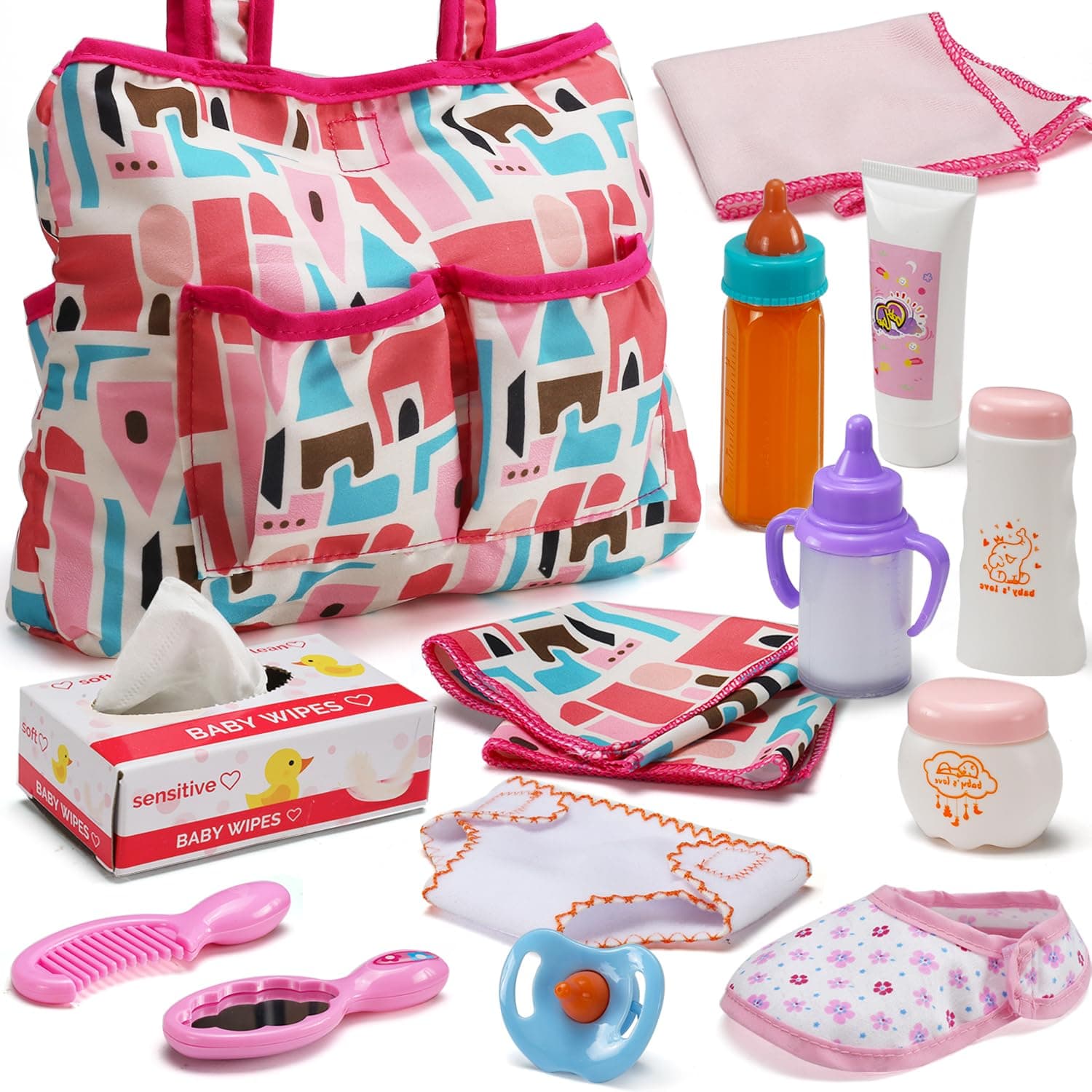 14 Pack Baby Doll Accessories, Baby Doll Feeding and Care Set, Includes Diaper Bag, Doll Diapers, Magic Bottle, Changing Pad for Girls and Boys, Set of 14