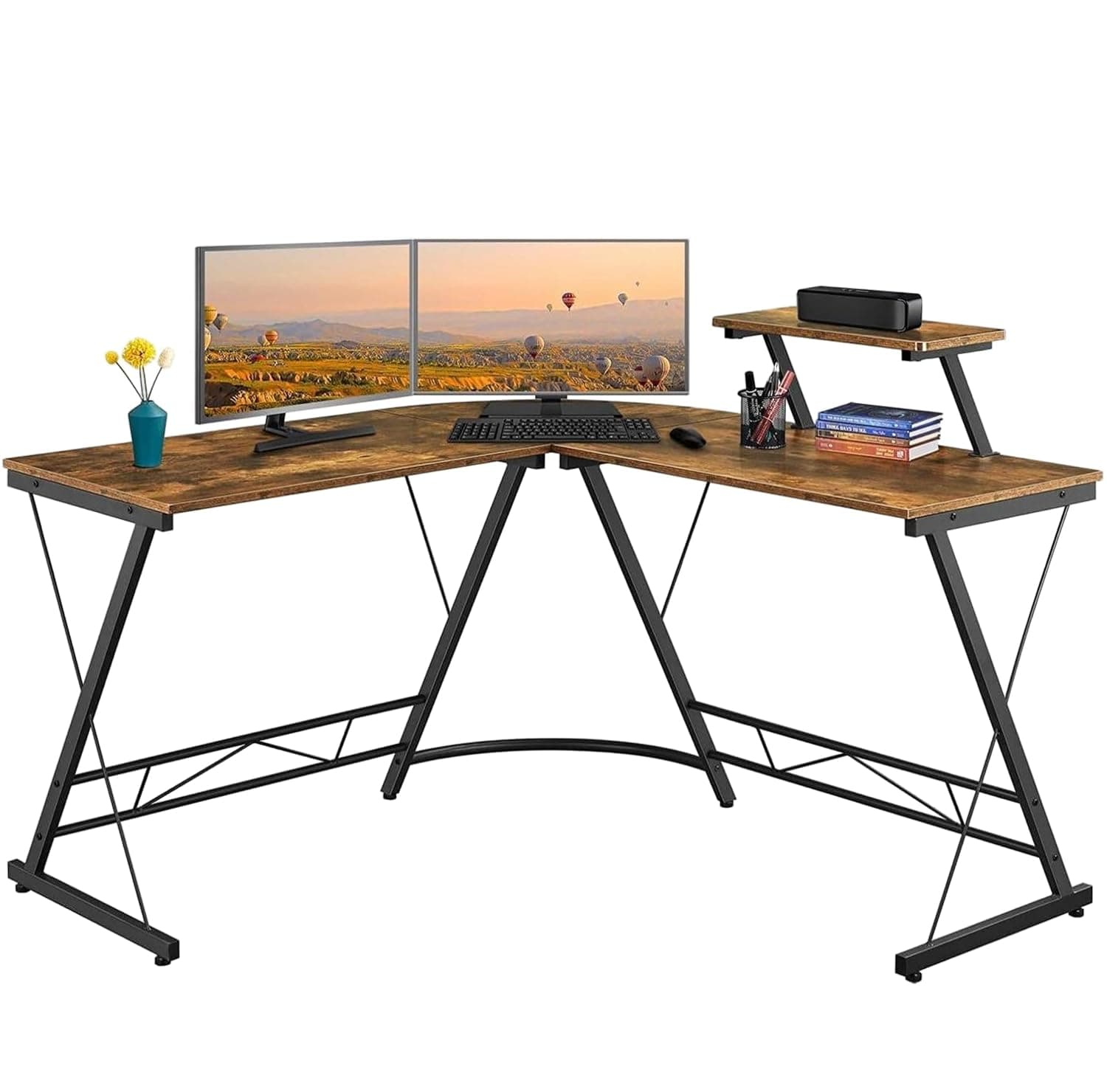 SKY-TOUCH L-Shaped Computer Corner Desk,Home Office Gaming Desk,with Round Corner and Shelf & Monitor Stand,Sturdy Writing Workstation for Home Office,50.8*50.8*28 Inch, Brown（User Inastall Manual）
