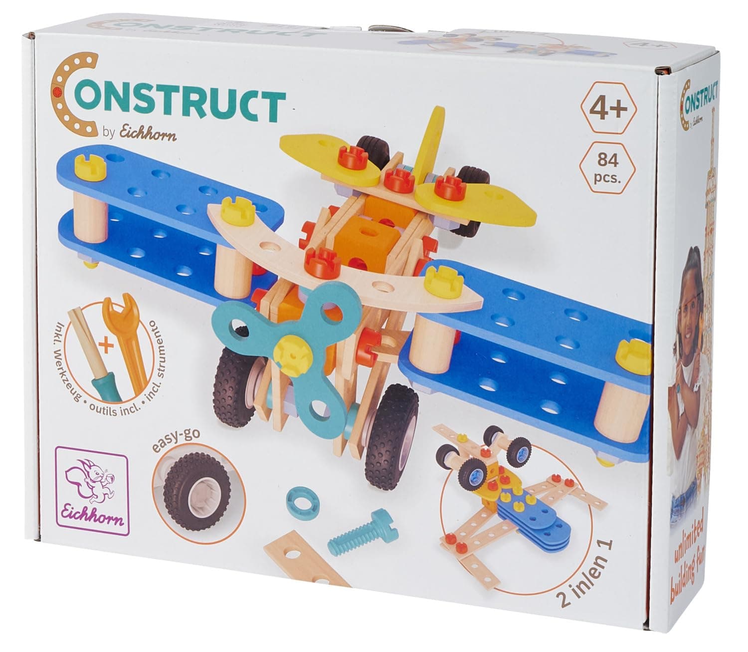 Eichhorn Construct Double Decker - 84-Piece 2-in-1 Construction Toy to Promote Fine Motor Skills and Understanding of Technology, Can be Combined with All Sets, FSC Certified Wood, from 4 Years