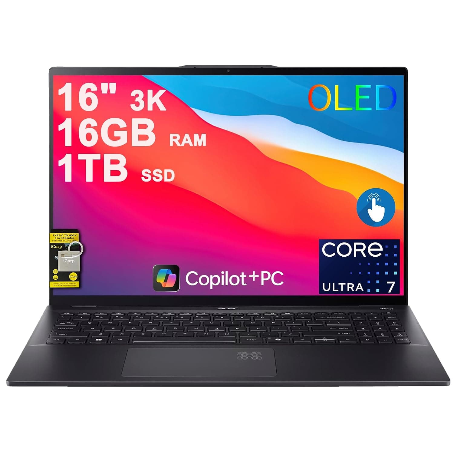 acer Swift 16 AI Laptop 16" 3k OLED 120Hz Touch (100% DCI-P3) Intel 8-core Ultra 7 256V (Up to 47 Tops) 16GB RAM 1TB SSD Backlit Fingerprint for Designer Business Work Win11 ICP Hub w/Copilot+ AI