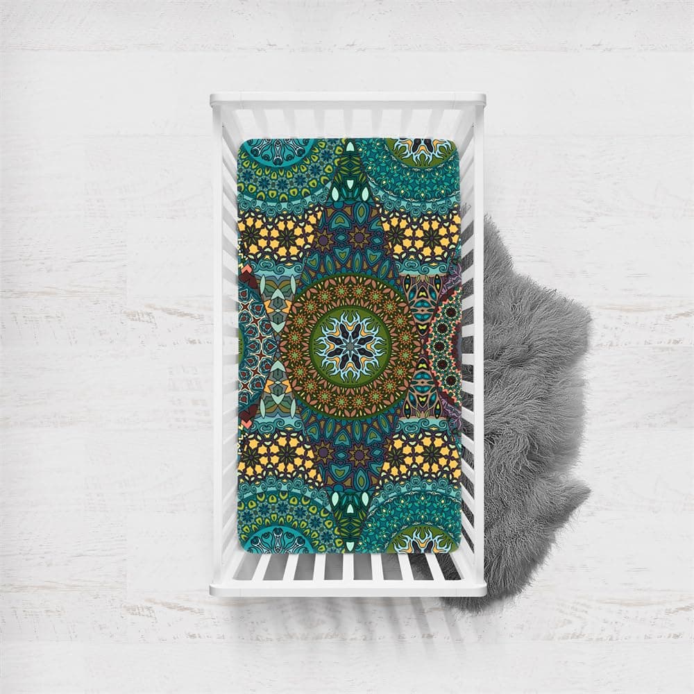 Morbuy Mandala Print Cot Fitted Sheets, Soft Cot Sheets, Cot Sheets with Elasticated Corners Cot Sheets for Girls and Boys (Teal, 90 x 45 cm)