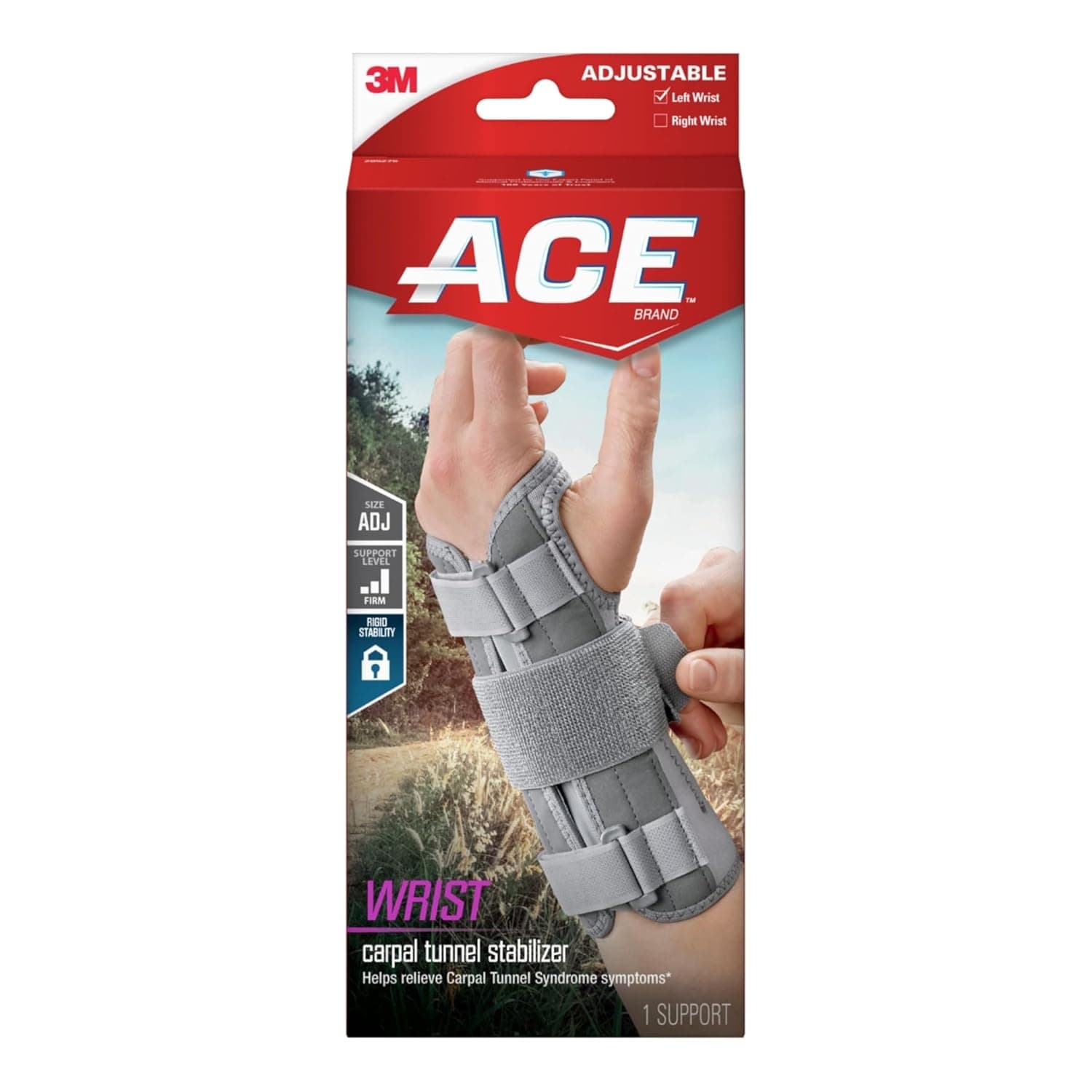 ACE Deluxe Wrist Stabilizer, Left Hand, Helps Relieve Symptoms of Carpal Tunnel Syndrome, Adjustable, Stabilizing, Firm Support