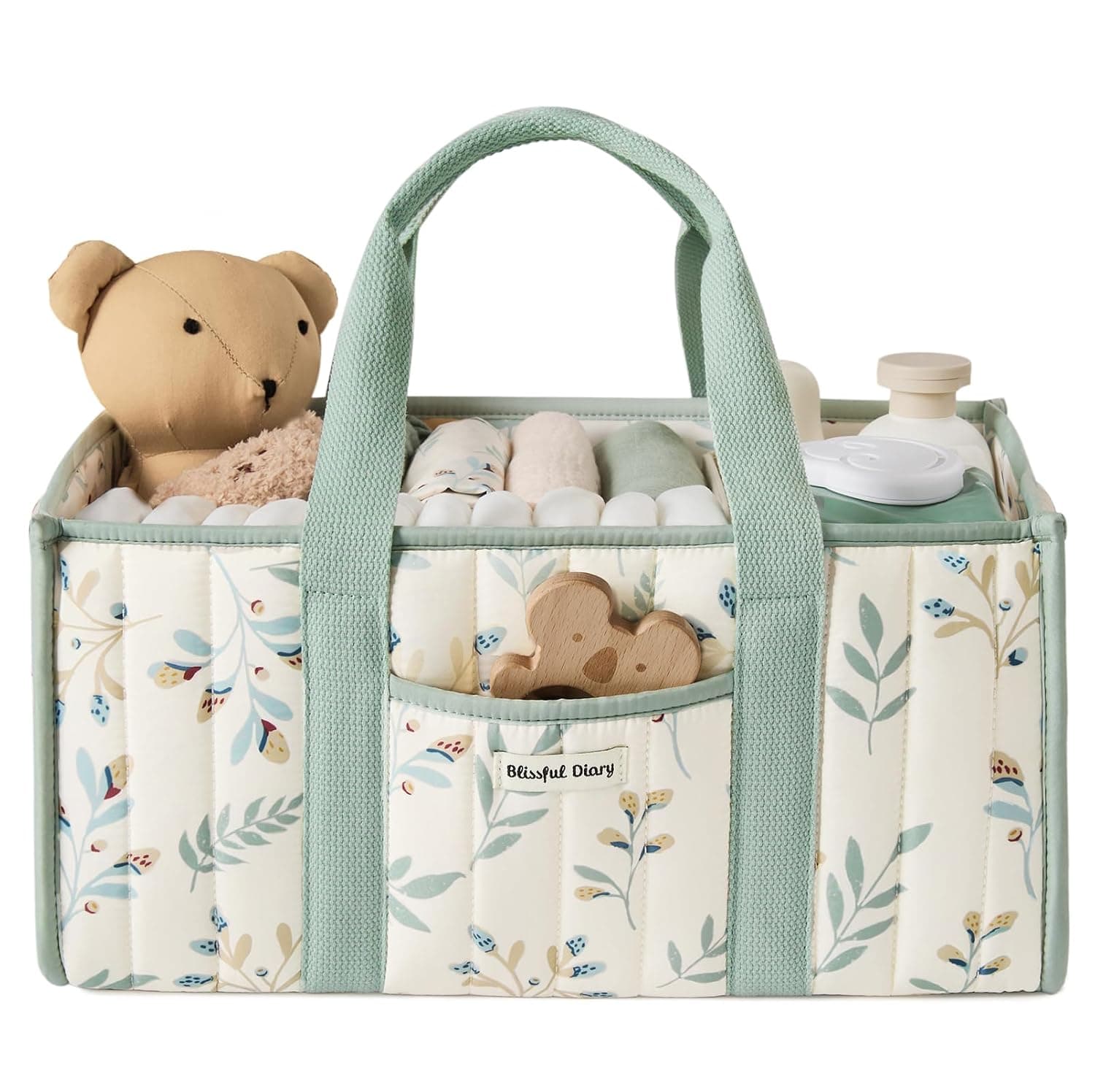 Blissful Diary Nappy Caddy Organiser, Baby Diaper Caddy for Nappy Station, Stylish Storage Basket for Newborn Essentials, Baby Shower Gifts for Girl or Boy, Sage Leaf