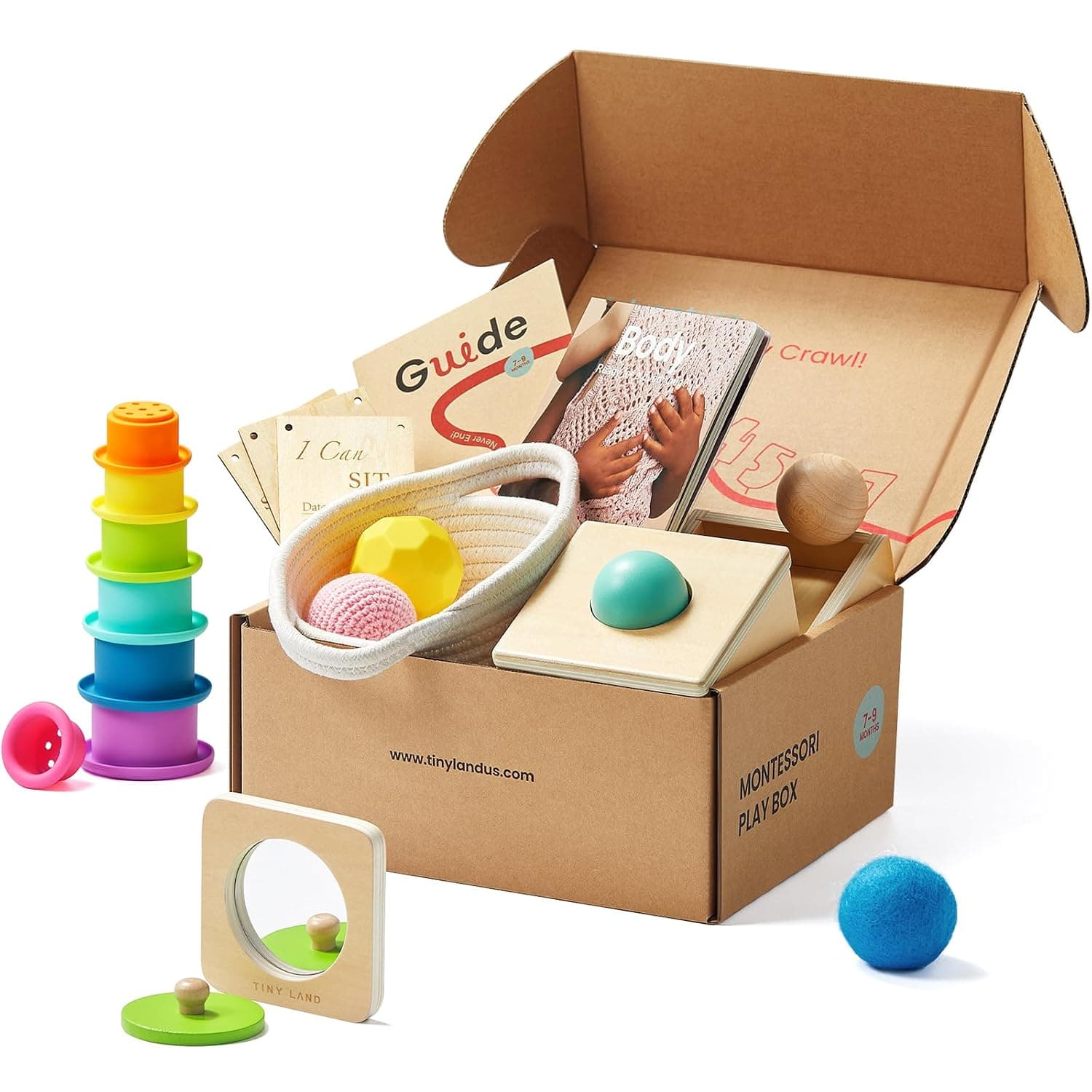 Tiny Land Montessori Toy Set for Baby - 5-in-1 Wooden Learning Toys with Object Permanence Box, Sensory Ball & Treasure Basket, Stacking Cups and Mirror Puzzle