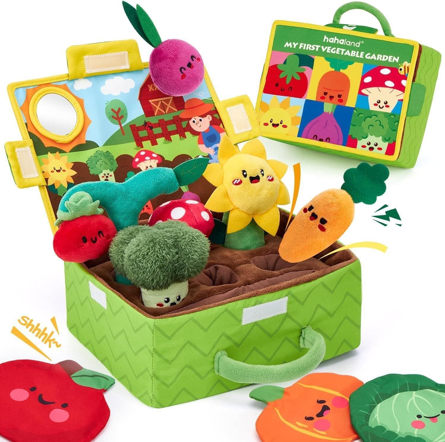 Beauenty Montessori Vegetable Garden Toy for Babies 6-12 Months, Soft Plush Farm Toys with Crinkle, Rattle, Mirror, Educational Early Learning Baby Toy, Ideal Gift for Toddlers 1-3 Years Old