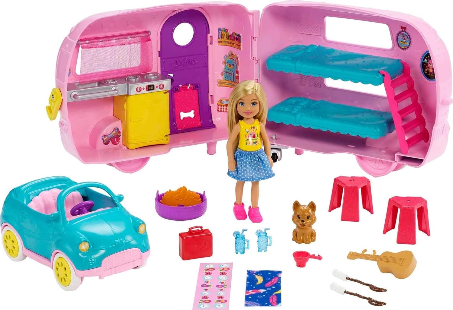 ​Barbie Club Chelsea Camper Playset with Chelsea Doll, Puppy, Car, Camper, Firepit, Guitar and 10 Accessories, Gift for 3 to 7 Year Olds FXG90 Standard
