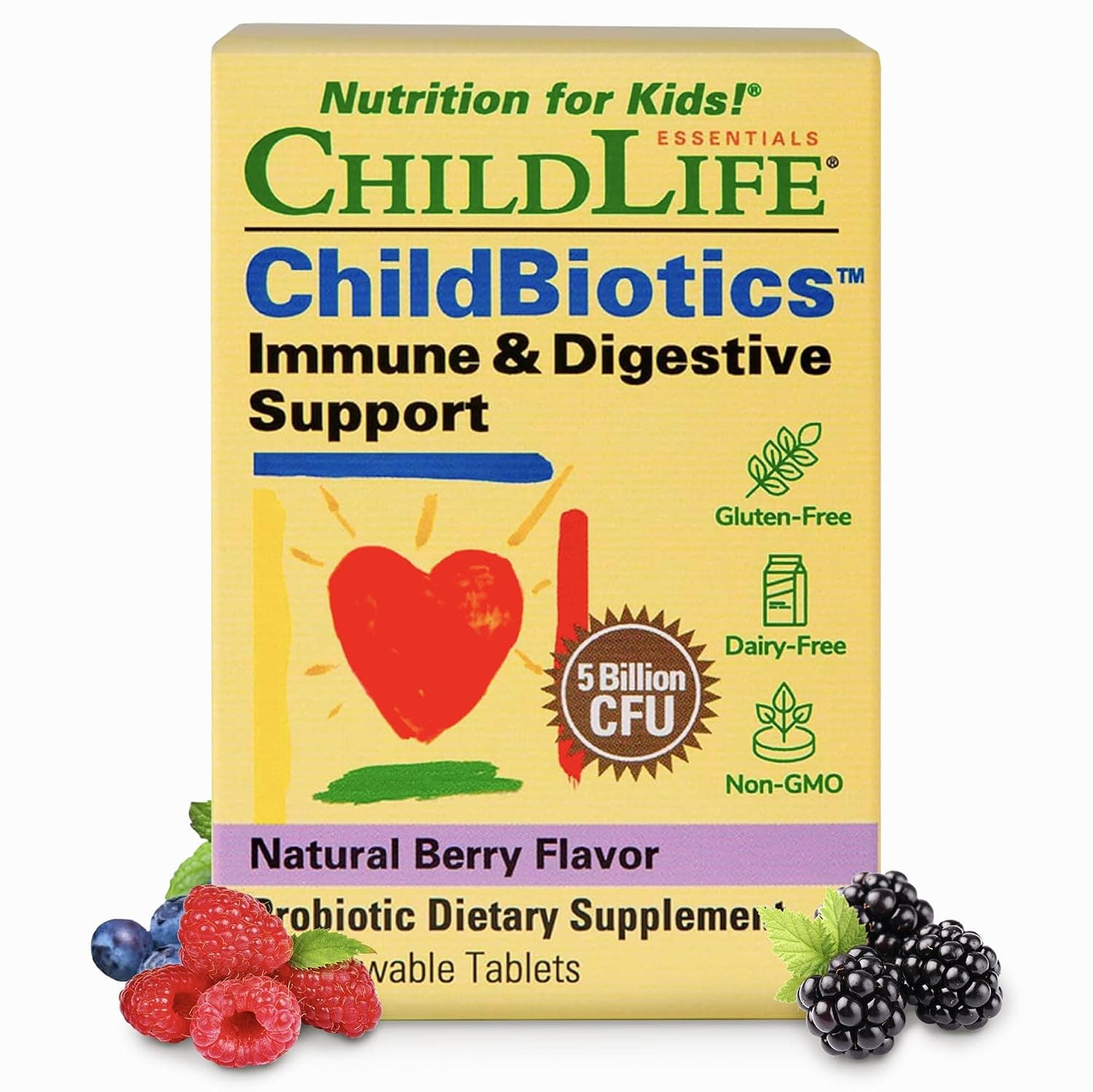 ChildLife Essentials, ChildBiotics, Immune & Digestive Support, Natural Berry, 5 Billion CFU, 30 Chewable Tablets | Kids Probiotic Supplement, Probiotics for Kids & Toddlers, Chewable Vitamin, Gut Health, Natural Berry Flavor, Support
