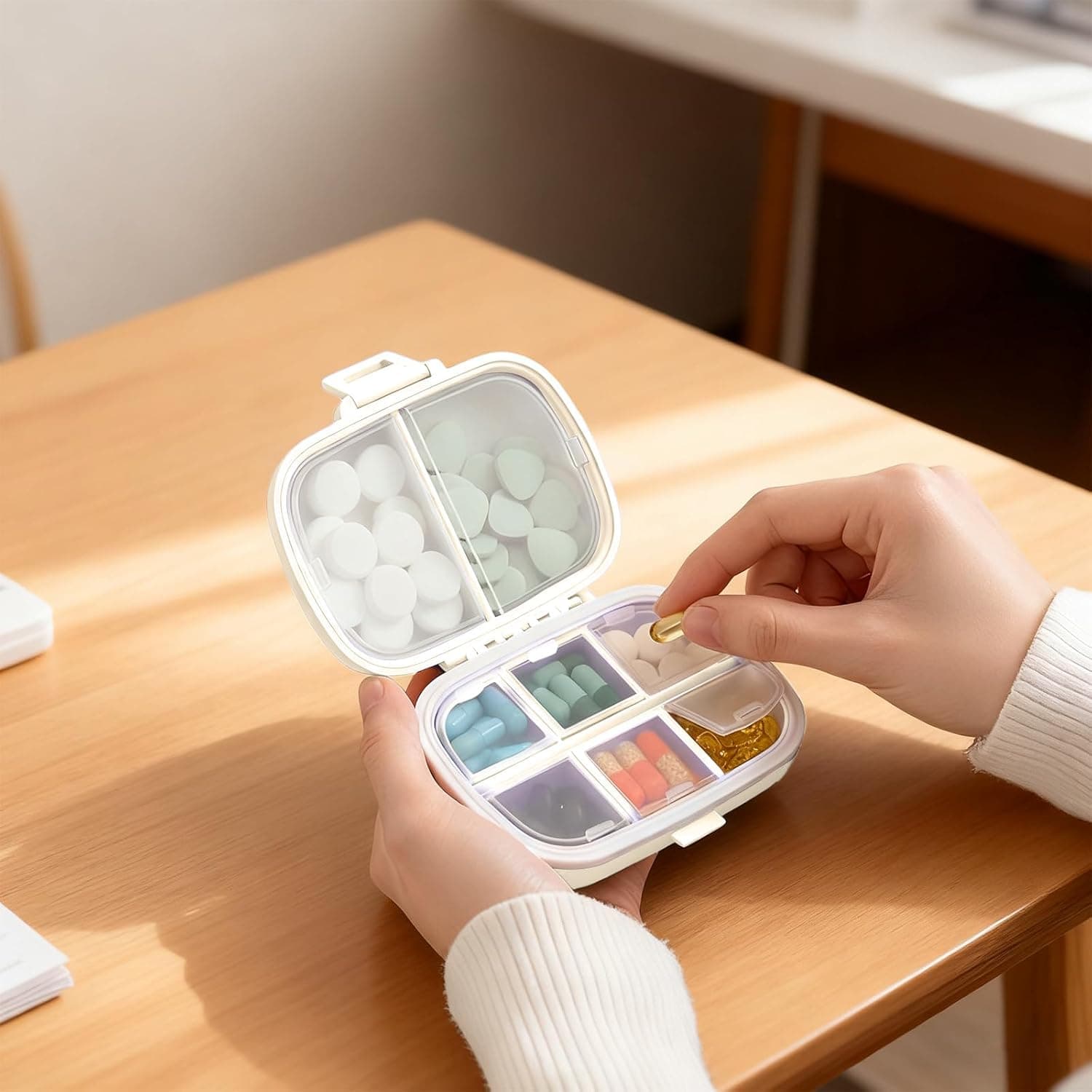 Travel Pill Organizer Portable Waterproof Pill Box with 8 Compartments Compact Medicine Case for Vitamin Supplements Capsules and Daily Pills Storage(White)