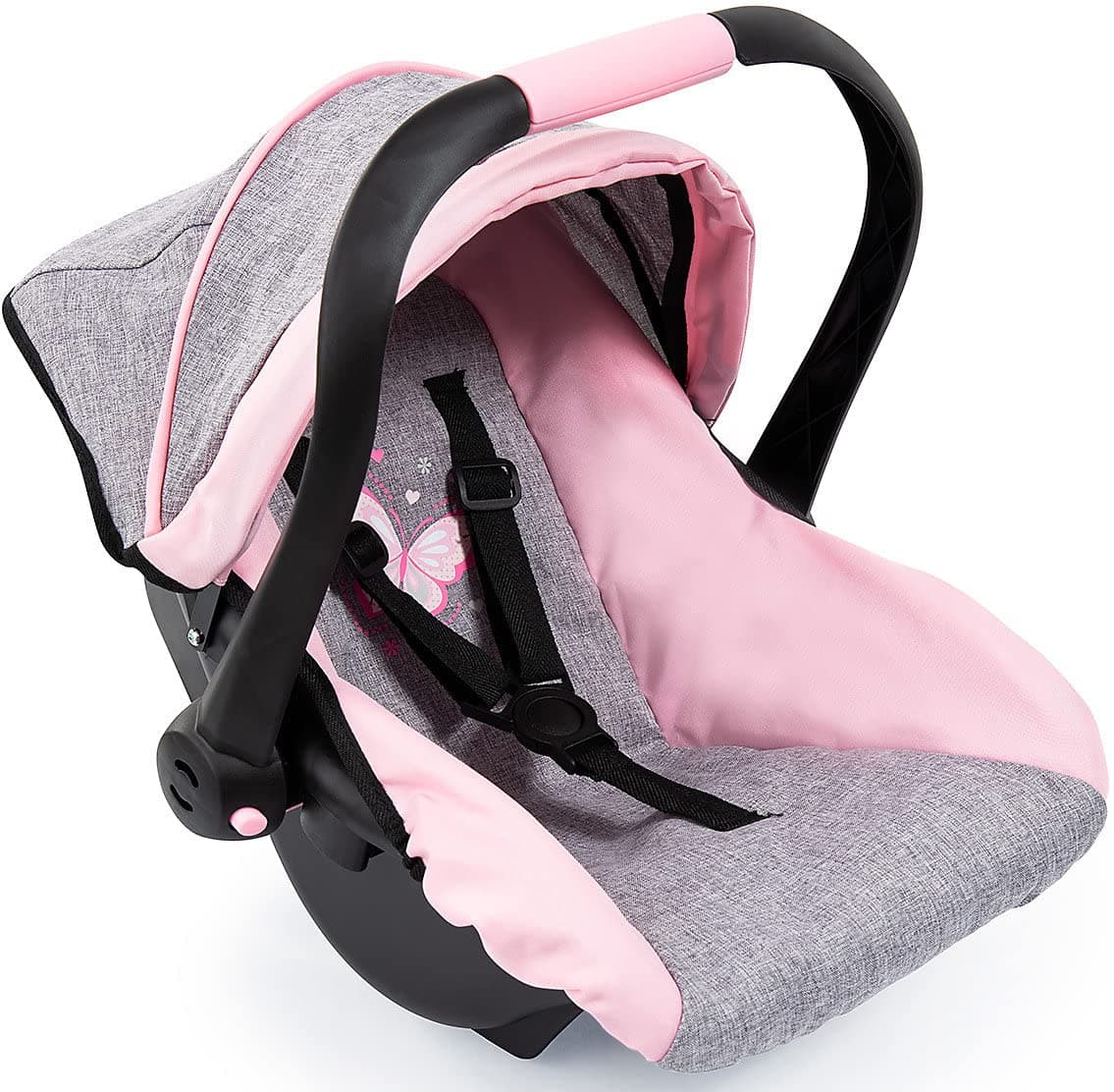 Bayer Design 67933AA Toy, Car Seat Easy Go for Neo Vario Pram with Cover, Doll Accessories, Pink, Grey with Butterfly,Grey/pink, for dolls up to 18" | Fits 18 Inch Dolls and Reborn Babies, Integrated Sunshade, Safety Belt and Ergonomic Handle for Easy Transport