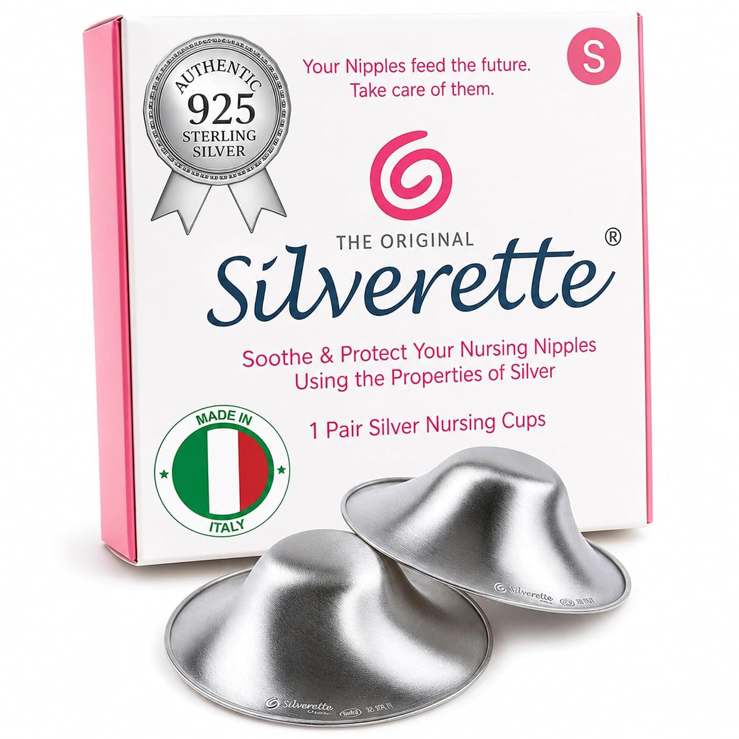 SILVERETTE The Original Silver Nursing Cups, Nipple Covers for Breastfeeding Essentials, Pure 925 Silver Nipple Shields for Breastfeeding Newborn, Lightweight Nursing Cups, Regular Size | Pure 925 Sterling Silver Nursing Cups, Shields for Breastfeeding Newborn, Silver Covers, Made in Italy, Gift