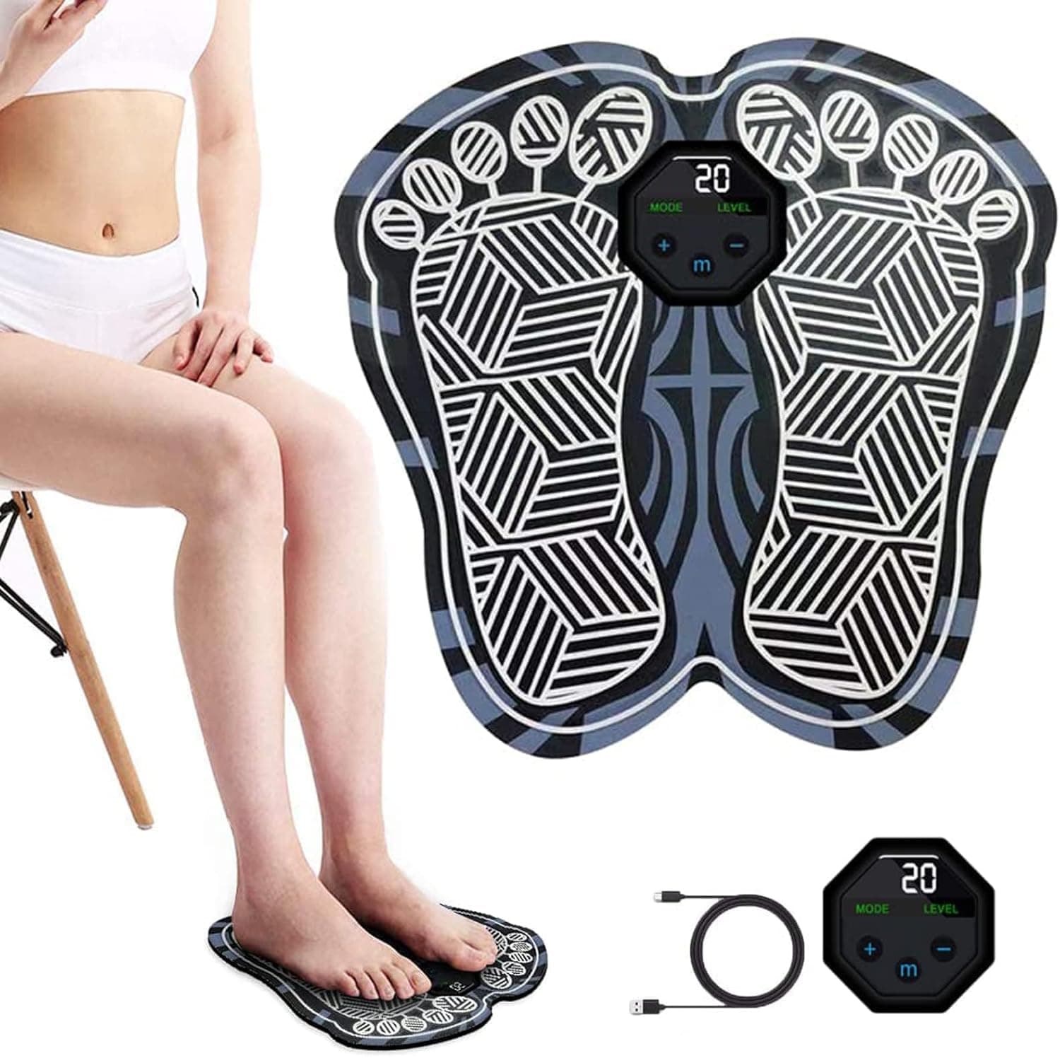 X spring Foot Massager Pad, Electric Foot Stimulator Mat with 10 Massage Modes 20 Intensity Levels, USB Rechargeable Foot Massage Pad for Muscle Relaxation and Pain Relief
