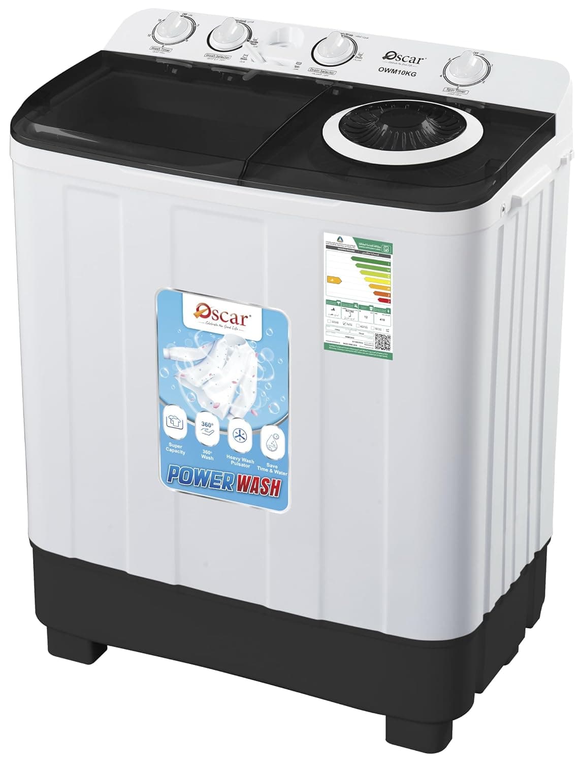 OSCAR 10kg Twin tub portable Washing Machine, Powerful Pulsator, Energy Efficient, 10kg Capacity Laundry Washer and 6.5Kg Spinner Combo with Timer Knobs, Built-in Drain Pump, Compact Washer- White