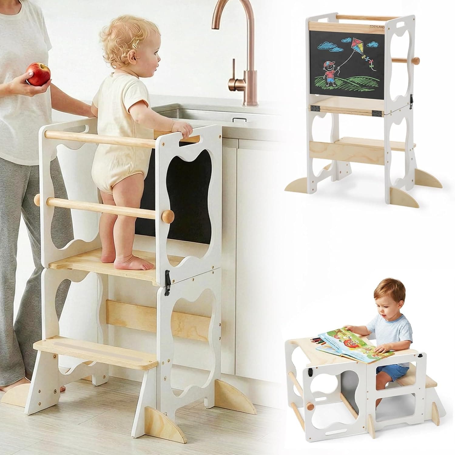 COSYLAND 3-in-1 Foldable Toddler Standing Tower, Convertible Kids Kitchen Stool Tower with 4 Extra Support Feet, Learning Helper for Bathroom Sink, with Blackboard (White & Natural)