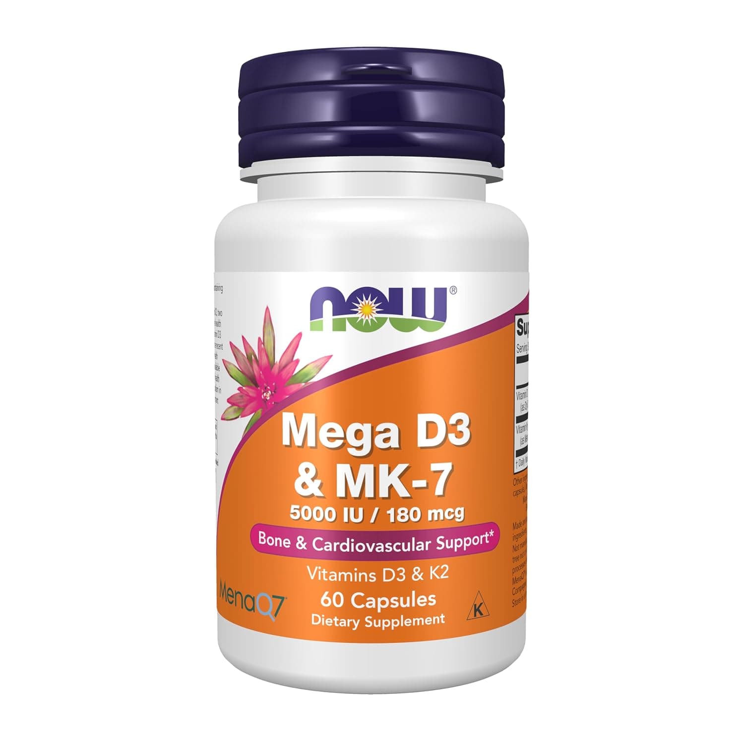 NOW Supplements, Mega D-3 & MK-7 with Vitamins D-3 & K-2, 5,000 IU/180 mcg, Bone & Cardiovascular Support*, 60 Veg Capsules