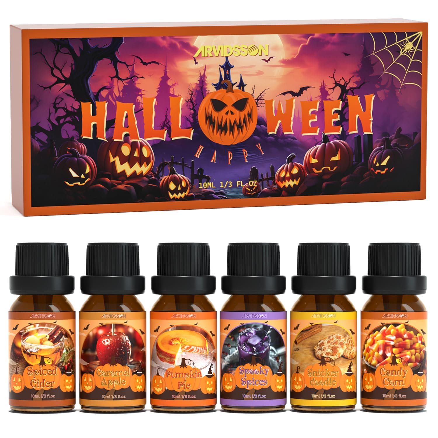 Halloween Fragrance Oils Set, ARVIDSSON Fall Essential Oils for Diffuser - Pumpkin Pie, Spiced Cider, Caramel Apple, Candy Corn, Snickerdoodle, Spooky Spices, Autumn Scented Oil Gift for Women