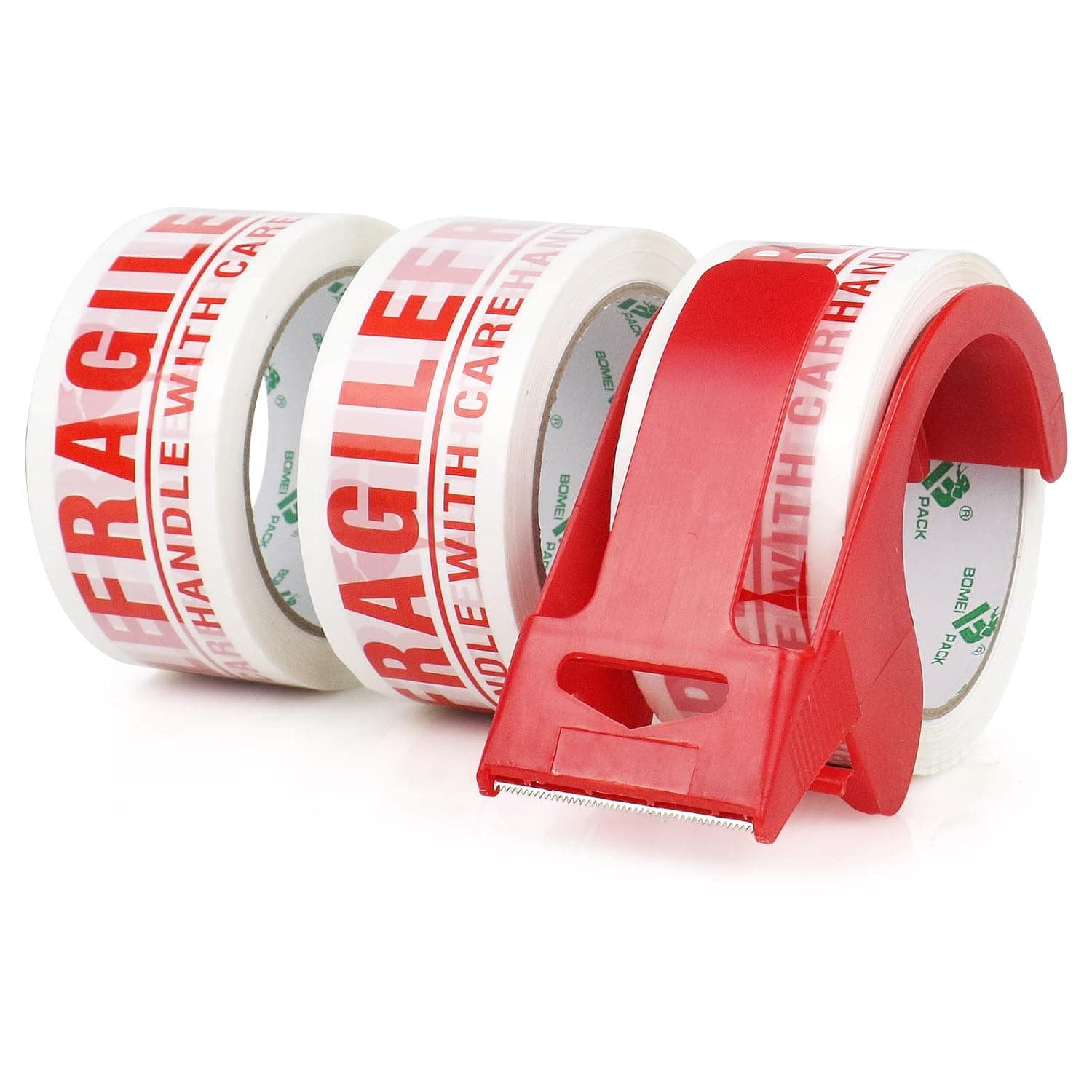 BOMEI PACK Fragile printed Box Sealing Tape 3 Rolls with1 Dispenser 1.88In x 55Y Sticky Box Secure Packing for Heavy Duty Moving boxes Wrapping
