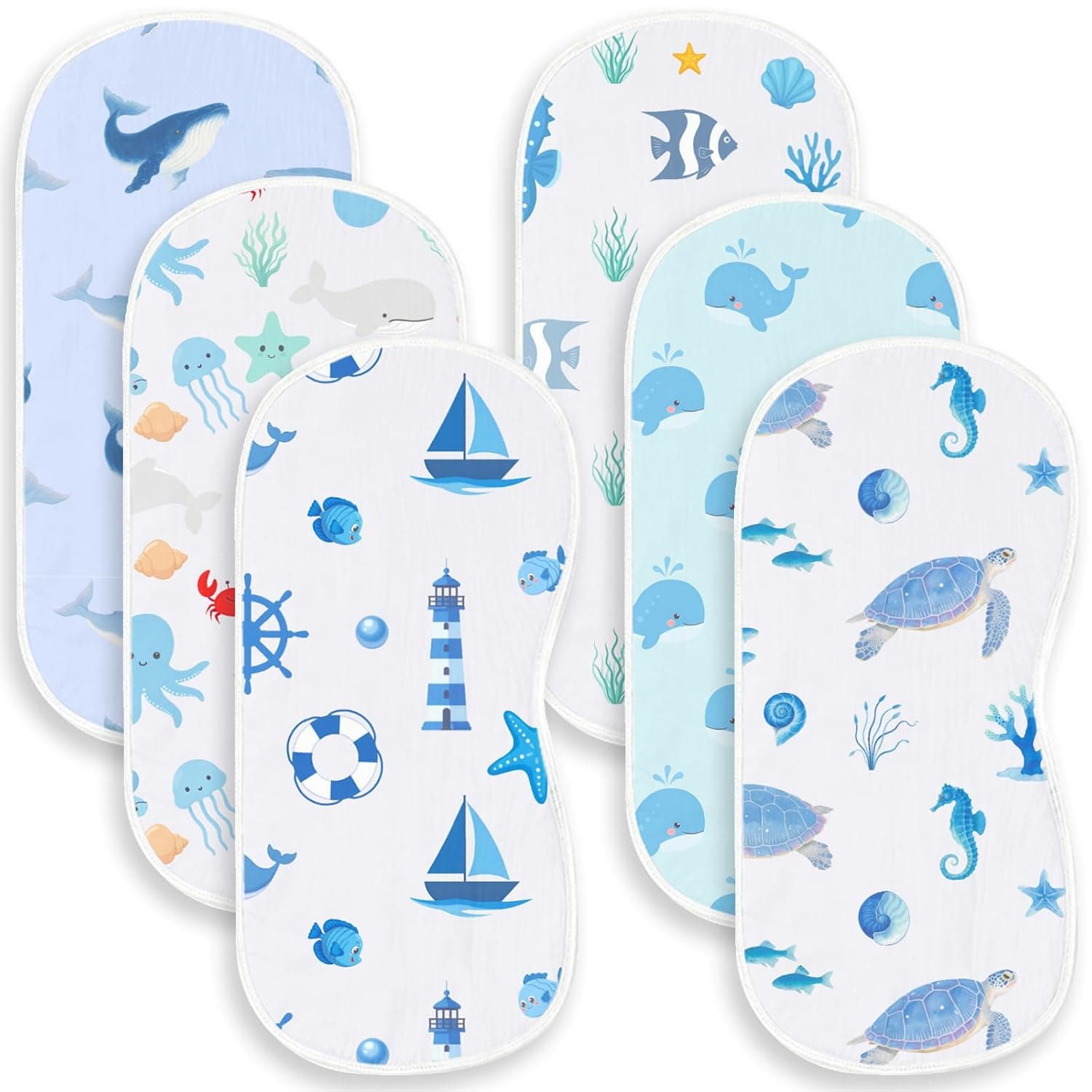 6 Pack Blue Burp Cloths Baby Boys Girls with Ocean Animals Pattern, Large 100% Cotton Burping Clothes for Newborns Essential Extra Soft and Absorbent 9.8X19.6inches