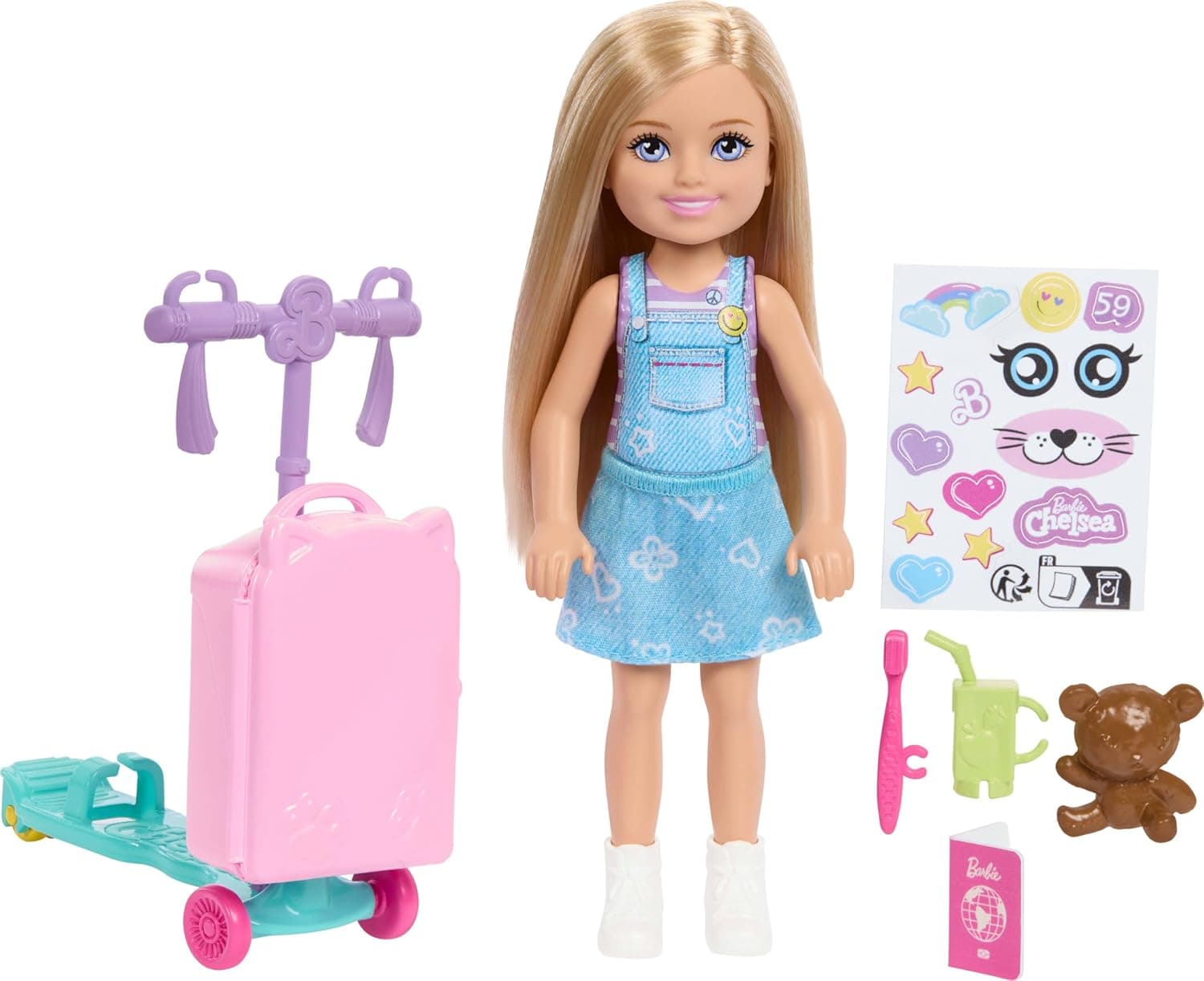 Barbie Chelsea JMJ46 "Limitless Adventure" Series Blonde Doll, Wheeled Scooter with Suitcase and Travel Accessories