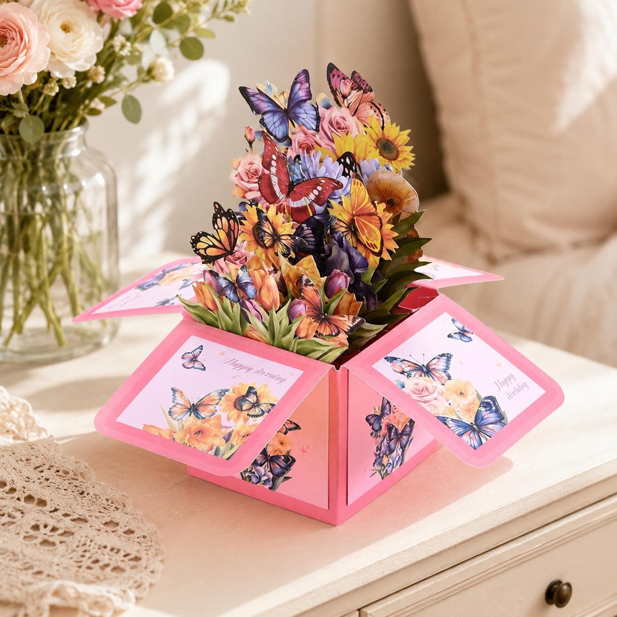 Pink Flower Butterfly Pop Up Birthday Card, 1 Pc, 3D Greeting Box