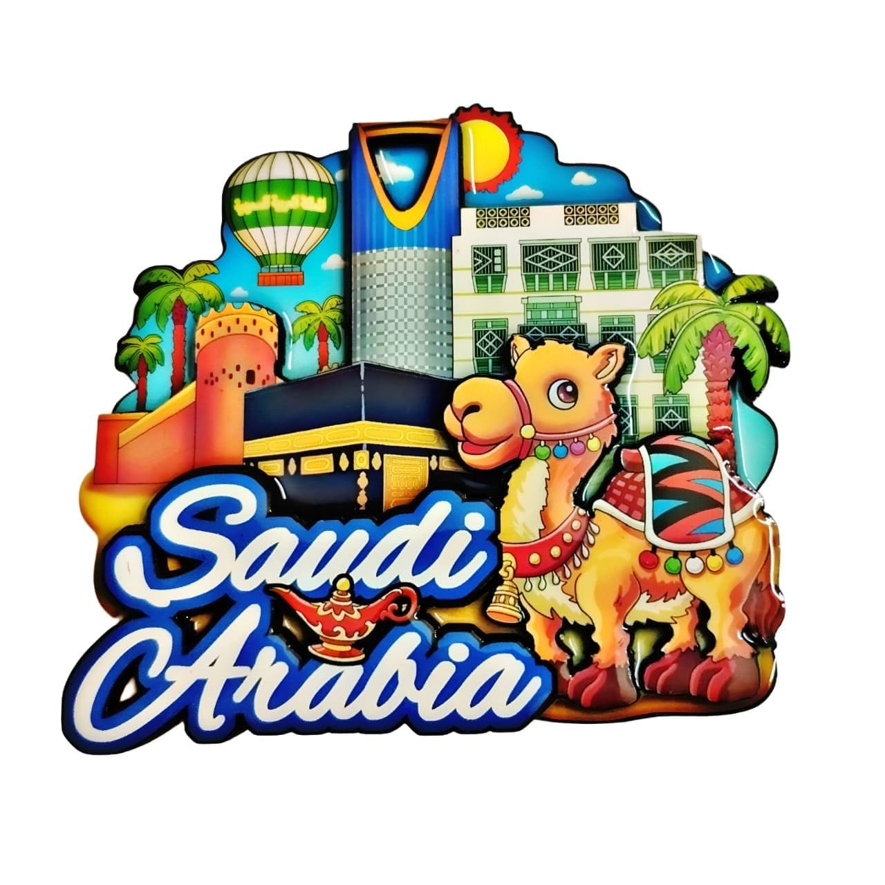 Saudi Arabia 3D Fridge Magnet – Makkah Kaaba, Decorated Camel, Riyadh Tower & Hot Air Balloon | Colorful Travel Souvenir for Refrigerator, Locker, Desk or Office Décor