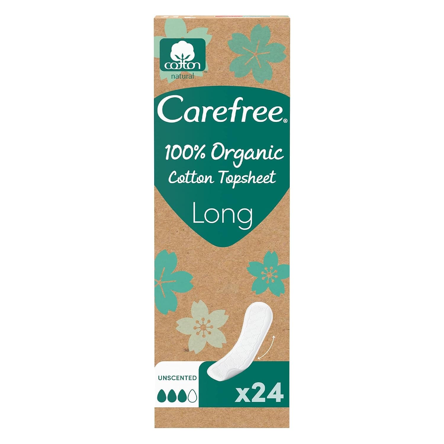 Carefree 100% Organic Cotton Pantyliners, Unscented, Long, 100% Air Breathable for a Natural, Dry Feeling, Fragrance & Dye Free, Suitable for Sensitive Skin, Dermatologically Tested, Pack of 24