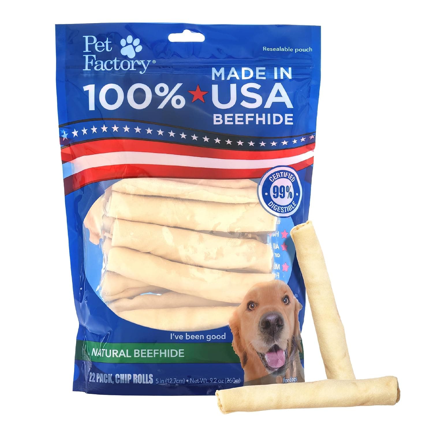 Pet Factory 100% Made in USA Beefhide Chip Rolls Dog Chews, Natural Flavor, Treats for Small & Medium Dogs - 5", 22 Count/1 Pack