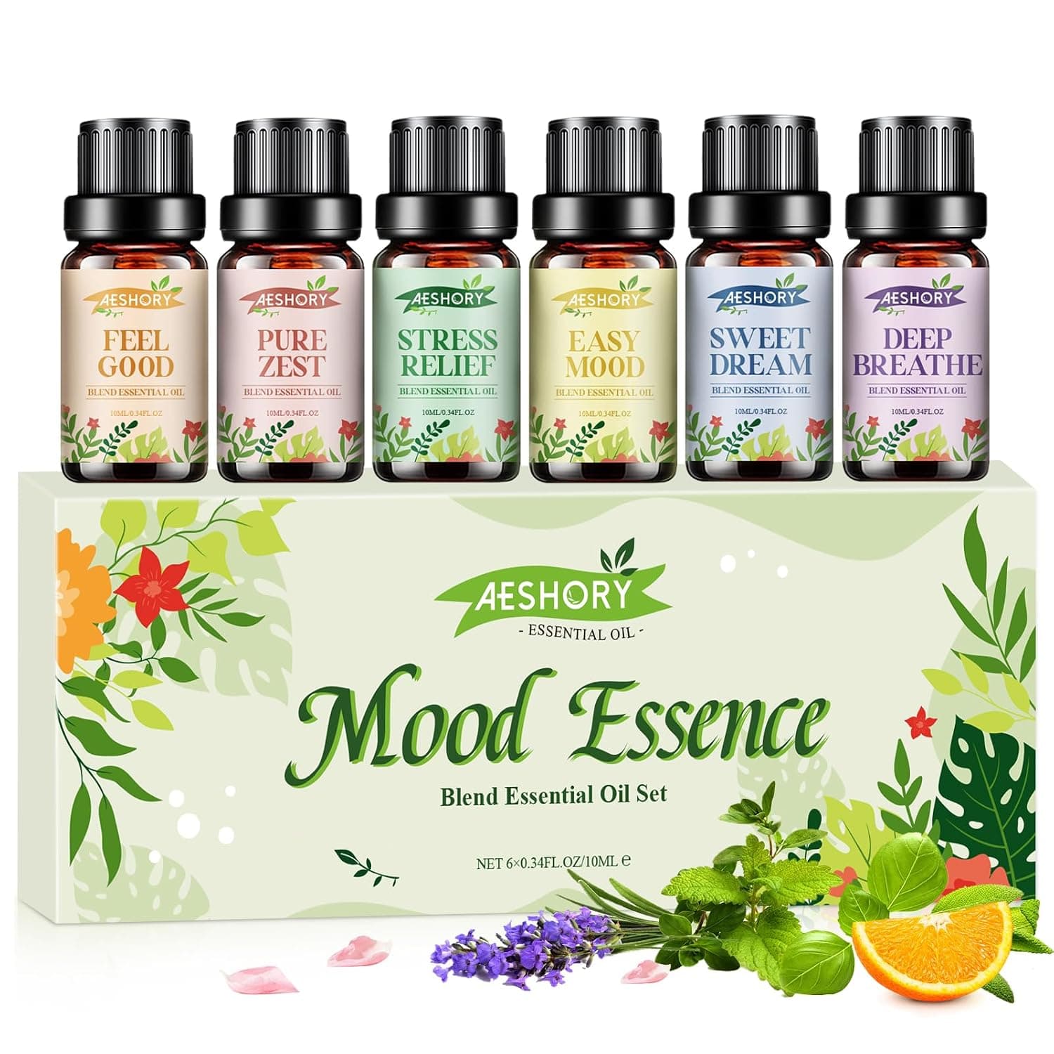 Essential Oils Oil Blend Set 6 x 10 ml, Natural Essential Oils Fragrance Oil Gift Set for Diffuser Humidifier Aromatherapy Candle Making - Stress Relief, Deep Breathing, Good Mood, Sleeping