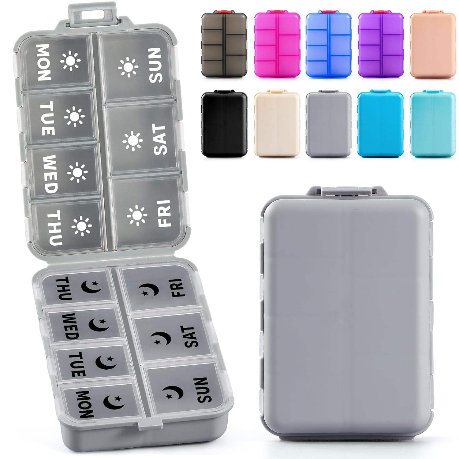 Foldable & Portable Weekly Pill Organizer 2 Times a Day with Clear Printed Labels​ - 7 Day AM PM Medicine Box, Week Daily Travel Pill Meds Case Holder for Medications, Vitamin, Supplement - Grey