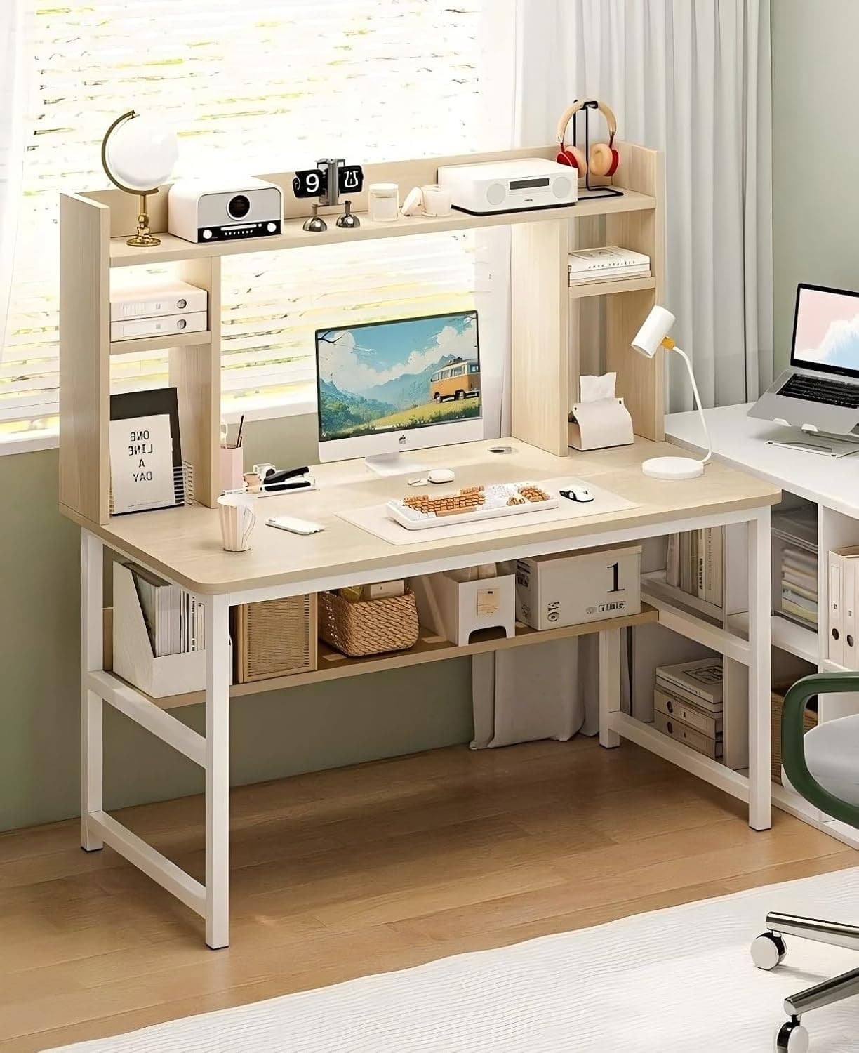 Study Table Study Desk with Bookshelf Gaming Table Desk for Home Office desks & workstations Computer Table 110x50x127CM, Beige