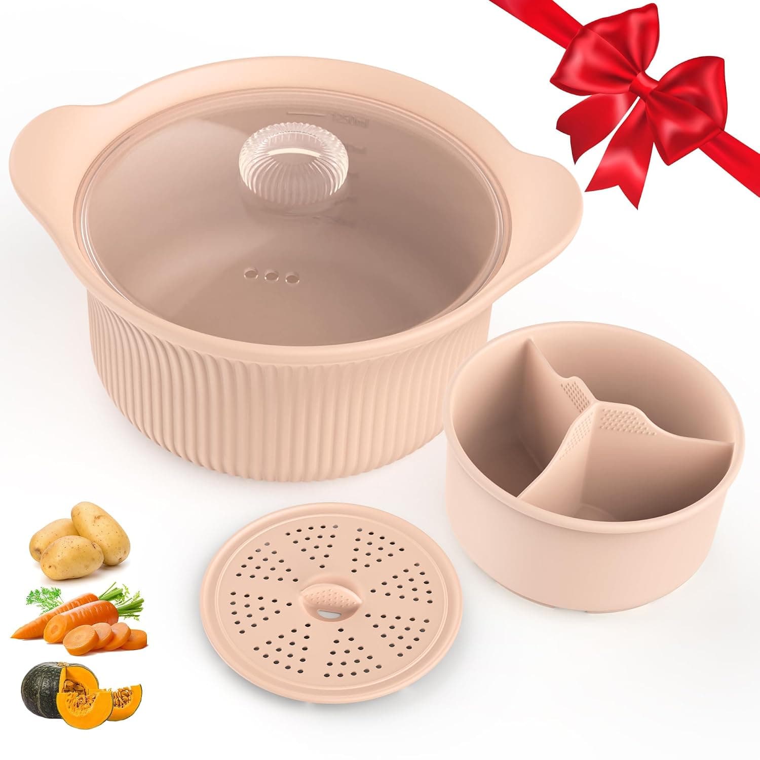 Large Microwave Silicone Steamer (42oz), 3-Compartment Steamer Basket for Vegetables, Fish & Baby Food, Oven & Dishwasher Safe Cooking Pot with Lid