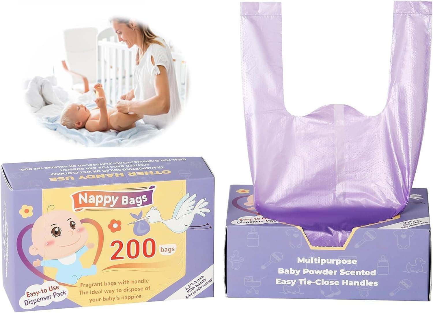 200pcs Diaper Disposal Bag, Baby Diaper Bag, Scented Baby Nappy Sacks with Leak-Proof Design & Easy-Tie Handles for Nappies, Rubbish, Dog Poop, Convenient and Quick Diaper Disposal Essential