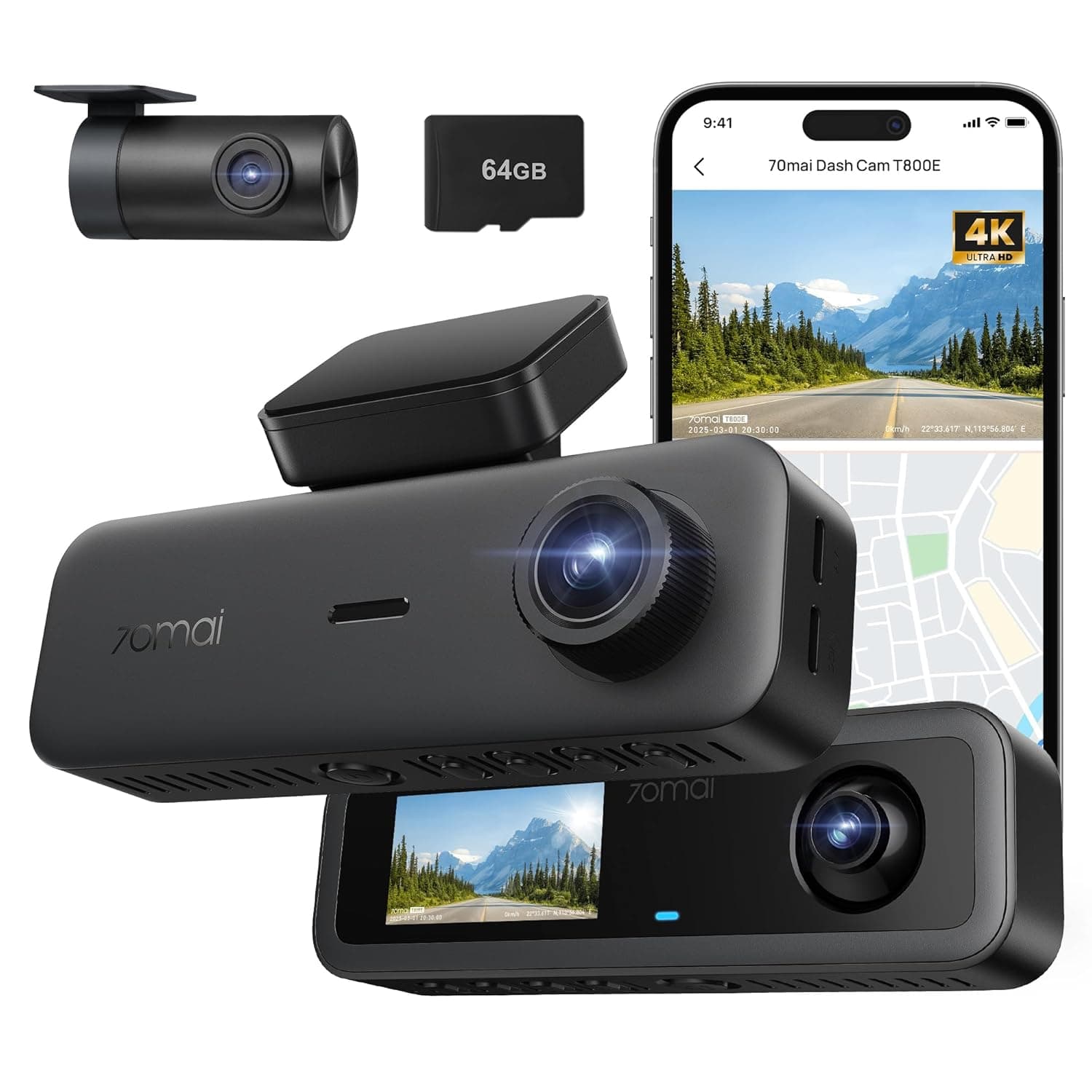 70mai T800E 3 Channel Dash Cam Front + Rear + Inside, 4K+1080P+1080P Car Dash Camera, 64GB SD Card Included, GPS, Wi-Fi 6, Night Vision, Loop Recording, Supercapacitor, Optional 24H Parking Mode