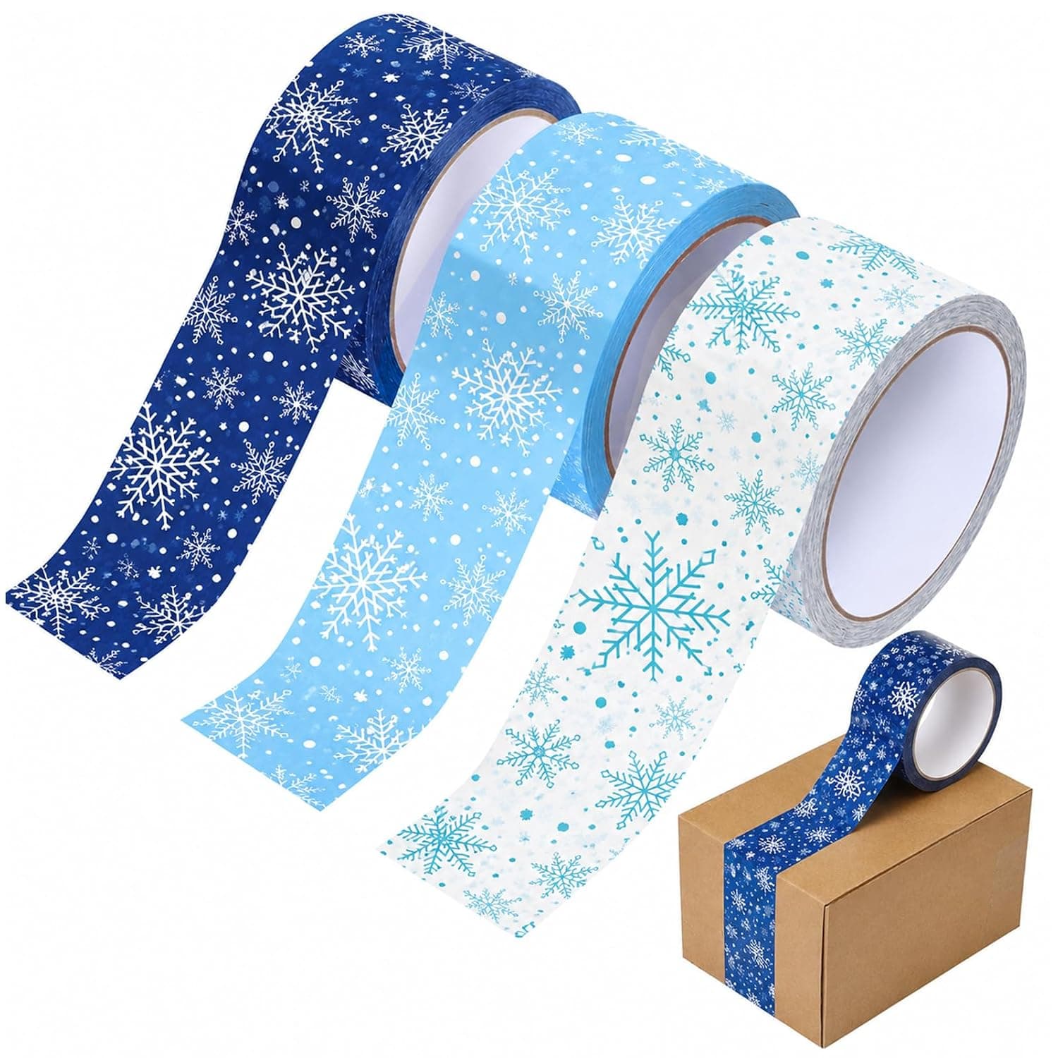 Whaline 3 Rolls Winter Packing Tapes Blue White Snowflake Decorative Sticky Shipping Tapes for Christmas Xmas Holiday Party Gift Wrapping Mail Boxes Sealing DIY Crafts, 150 Yard