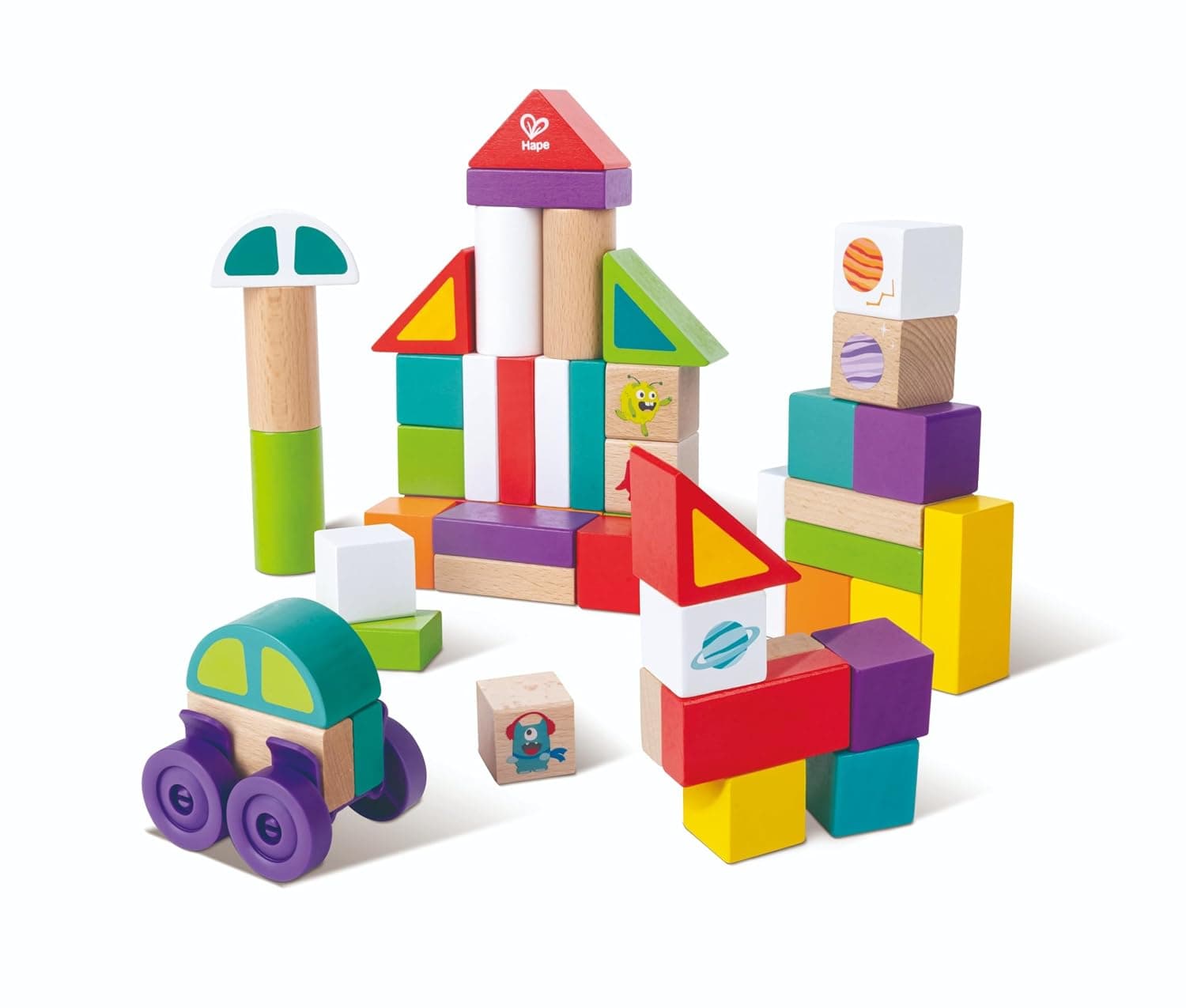 Hape Space Monster Stacking Blocks | 50-Pcs Space-Themed Wooden Blocks with Wheels | Creative Construction Toy for Toddlers | Develops Motor Skills, Spatial Reasoning, and Shape Recognition Age 12M+