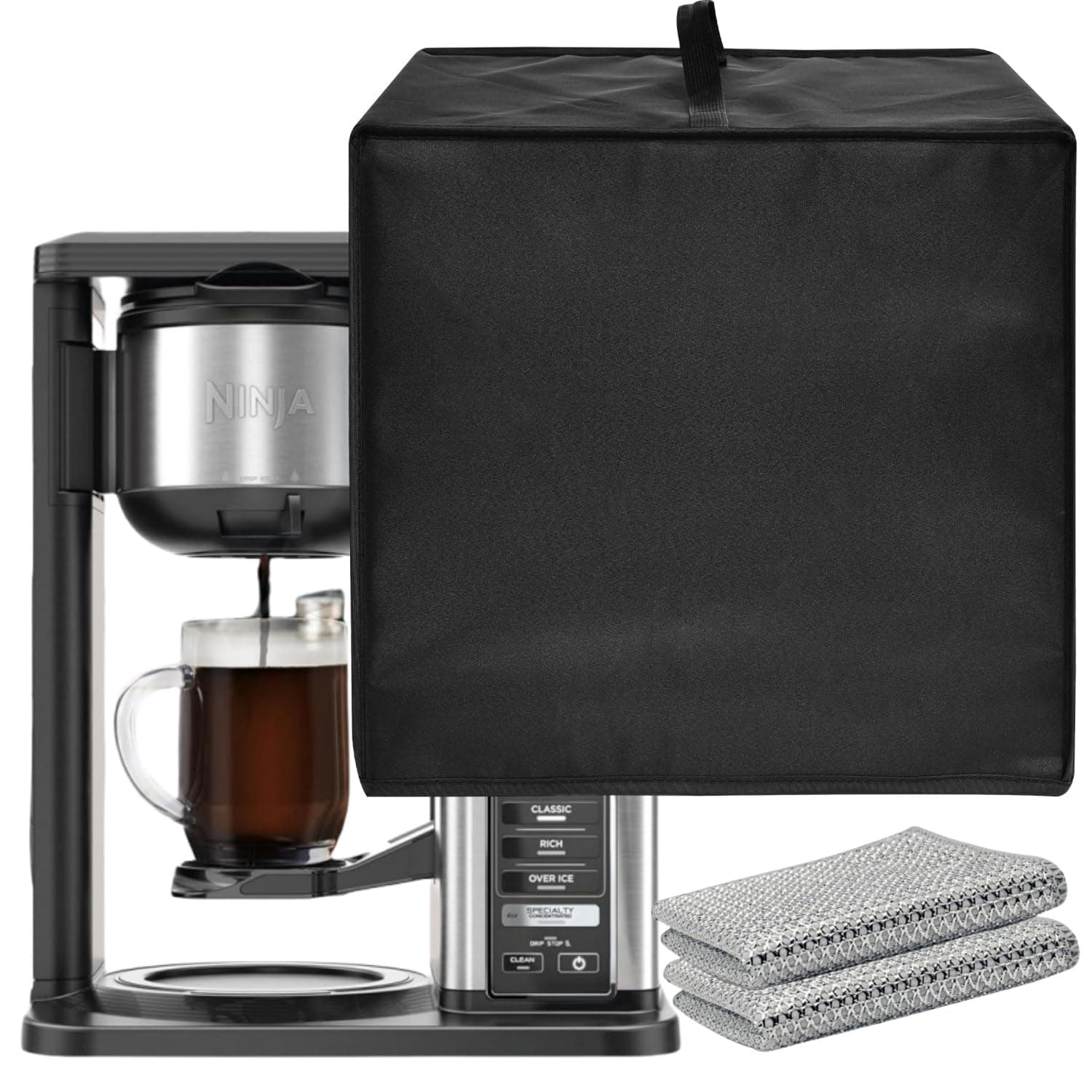 Coffee Machine Cover, Black, Compatible With Ninja CM401/CFP307/CM371/CFN601, Dustproof & Waterproof, Modern Style, 13.38"x11"x14.96" (34x28x38cm), Includes Wire Miracle Cleaning Cloth x2