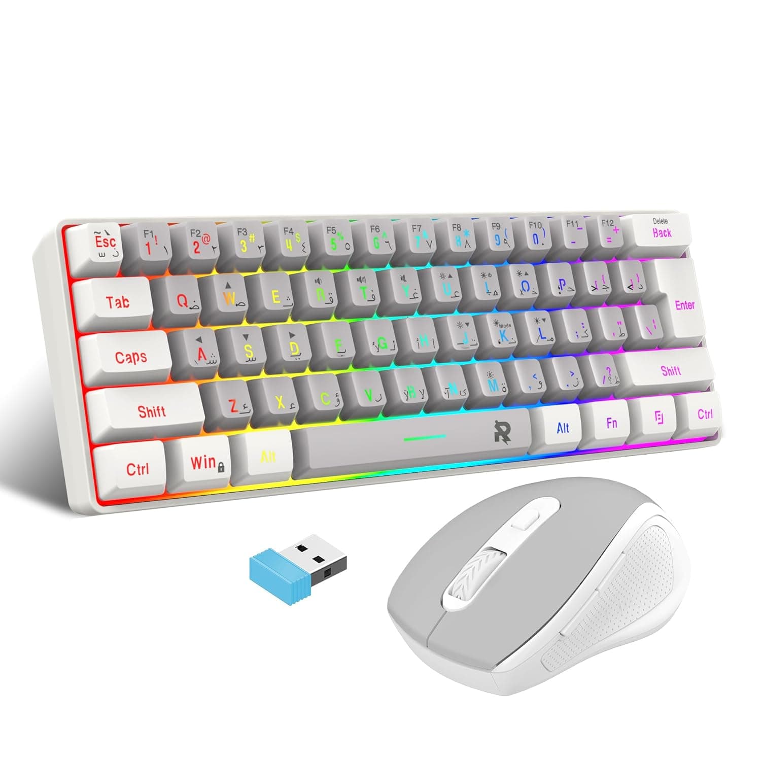 روك بو مجموعة كيبورد وماوس لاسلكي للالعاب باللغة العربية والانجليزية 2.4G تتضمن صغير 60% بملمس ميركانيال تصميم مريح ماوس كومبو أبيض رمادي 61 مفتاحًا