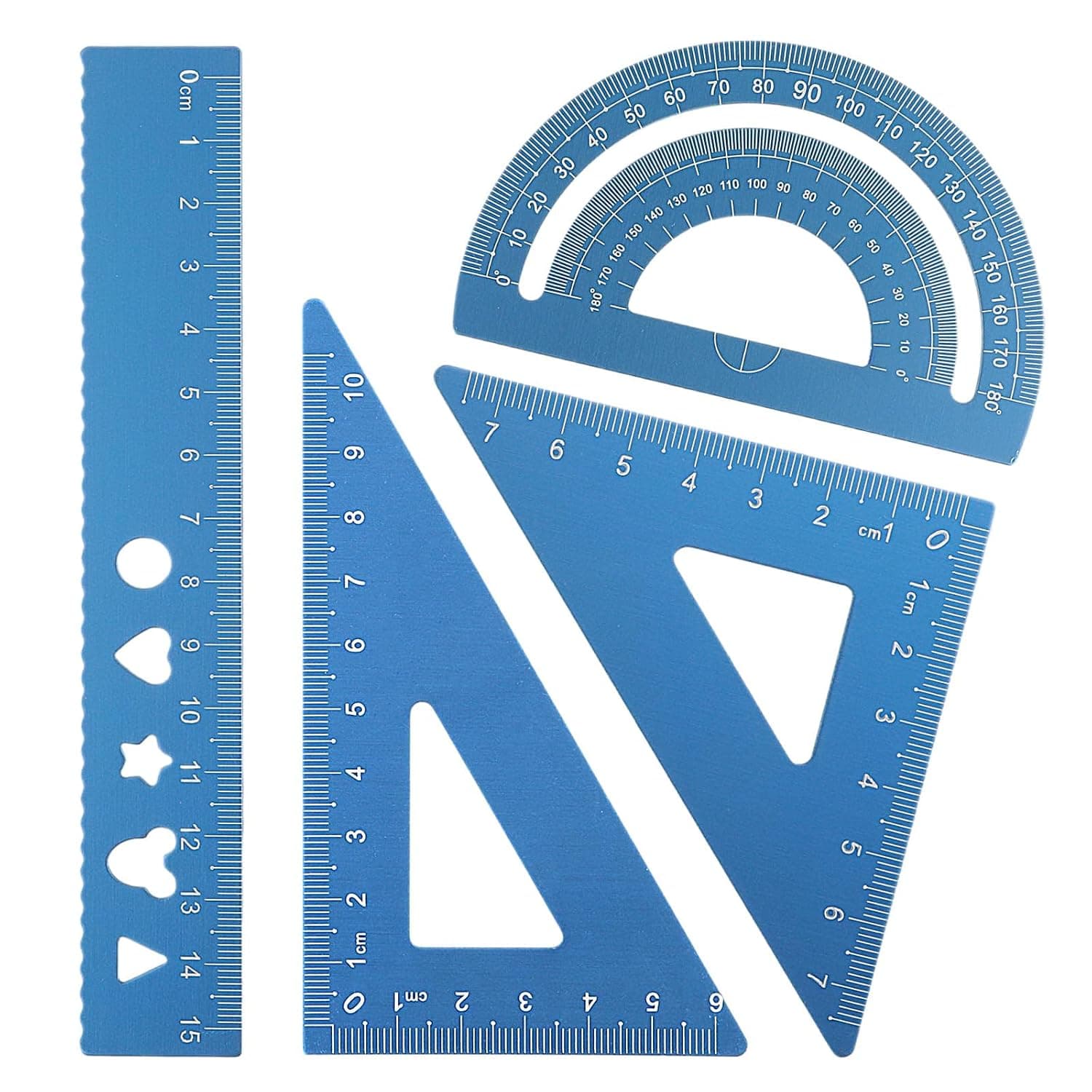 NALACAL 4Pcs Triangular Scale Ruler Set, Geometric Protractor Mathematical Triangle Ruler Aluminum Ruler for School and Office Supplies Math Rulers for Kids and Adults Draftsman(Blue)