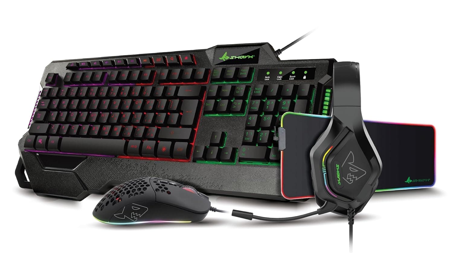 شاركس مجموعة العاب 4 في 1 - كيبورد العاب (اضاءة خلفية EN/AR 104 مفتاح)، ماوس عالي الدقة 7200 نقطة لكل بوصة، سماعة راس RGB مع ميكروفون بخاصية الغاء الضوضاء، قاعدة ماوس RGB XL
