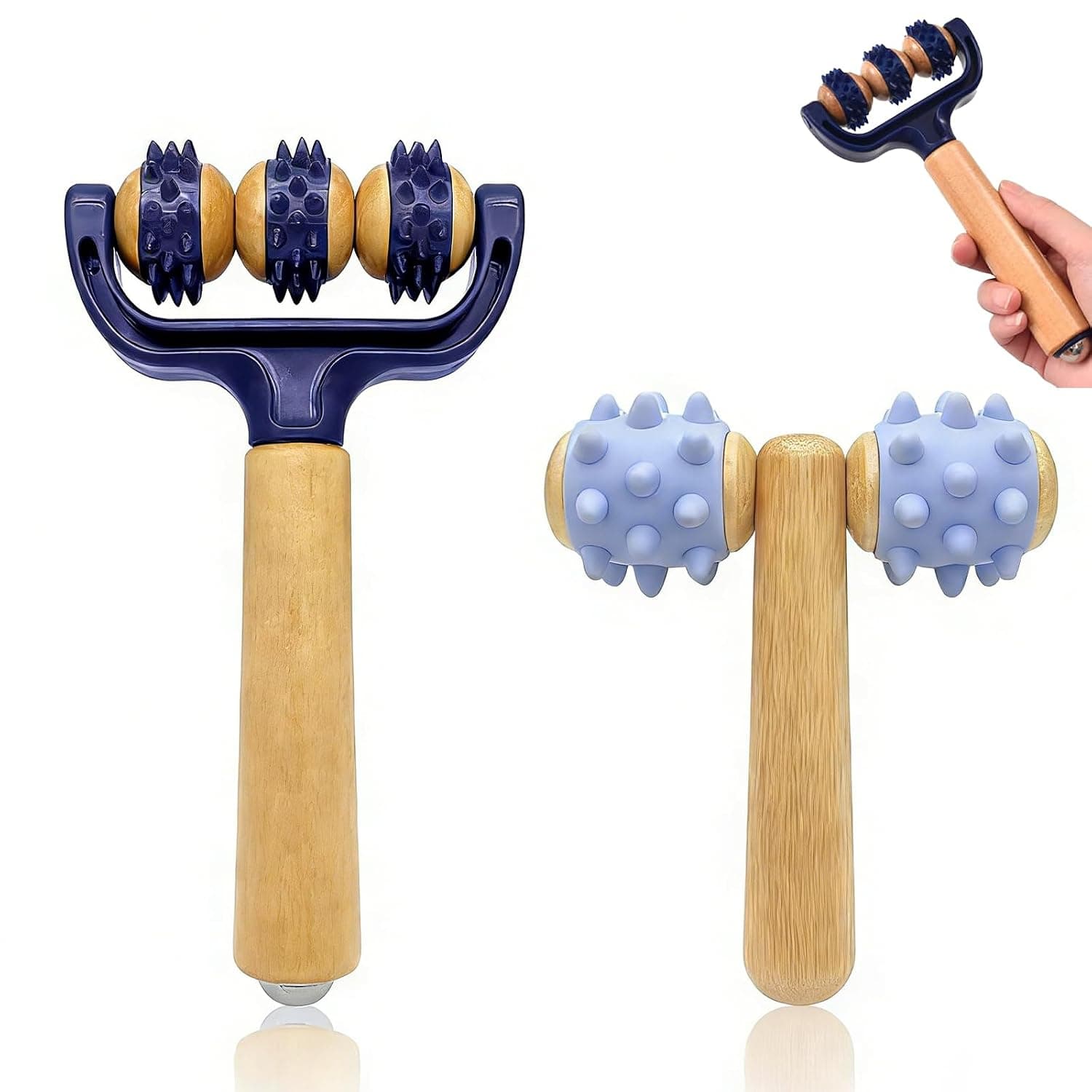 2 Piece Massage Roller with Handle, PVC and Wood Back and Leg Massage Roller Set - Muscle Massage Device for Deep Relaxation at Home, Office or Travel