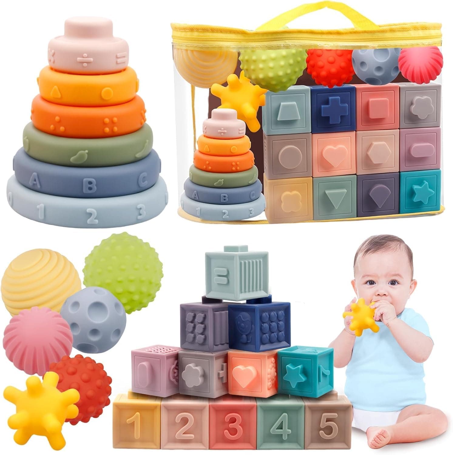 Plunack Montessori Toys for Babies 6-12 Months Soft Baby Toys Set 3 in 1 Stacking Building Blocks Infant Teething Toys Sensory Balls Educational Learning Toys for Toddlers 3-6-9-12 Months Boys Girls