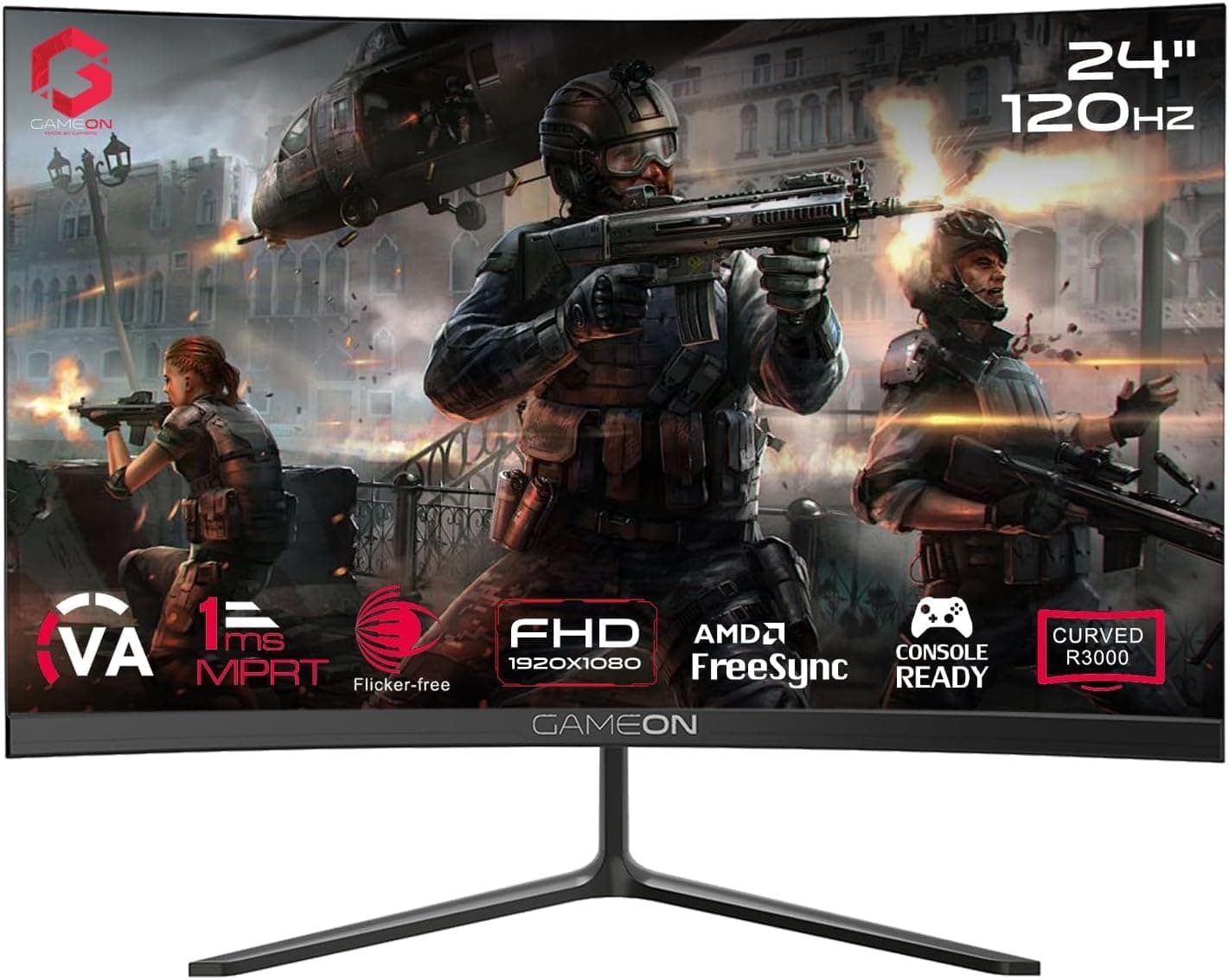 GAMEON 24” Curved Gaming Monitor – FHD 1080p, 120Hz, 1ms MPRT, FreeSync, VRR, HDMI 2.1 + VGA, Built-In Speakers, Smooth Console & PC Gameplay, VESA Mount, 100% sRGB, Low Input Lag